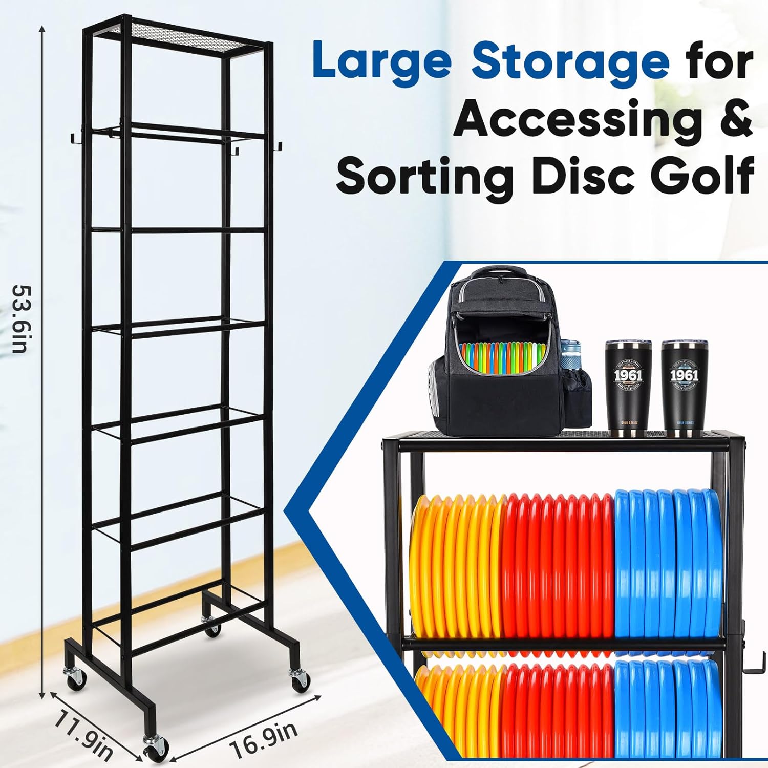 Disc Golf Storage, 6-Tier Disc Golf Rack, Movable Disc Golf Storage Shelf with Partition Frame, Large Disc Golf Storage for Organizing and Storing Disc Golf Discs, Black