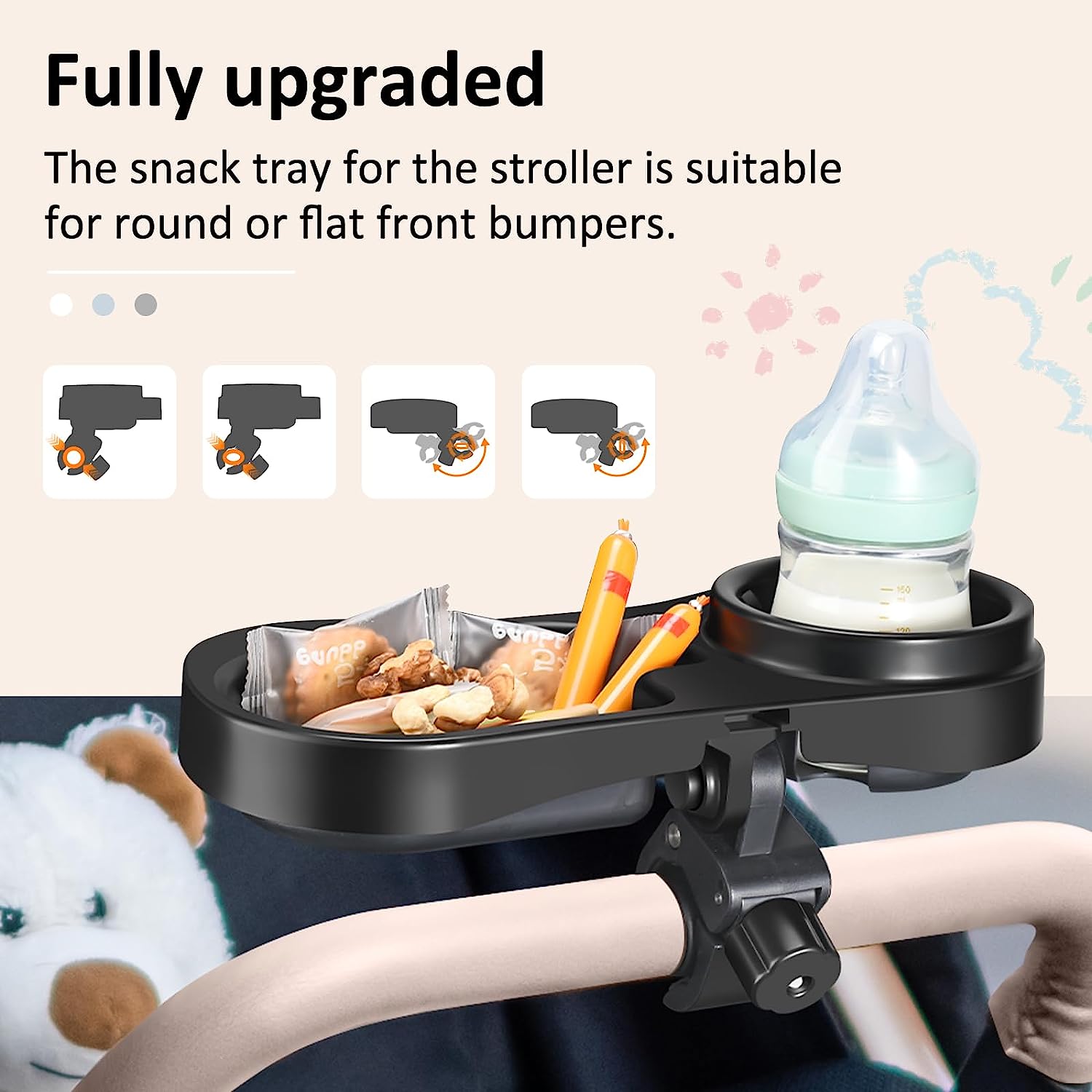 2 in 1 Universal Stroller Snack Tray with Cup Holder, Snack Catcher and Drink Holder for Stroller Snack Tray Attachment - Upgraded Removable Clip for Bumper Bar of Stroller Tray for Baby (Black)