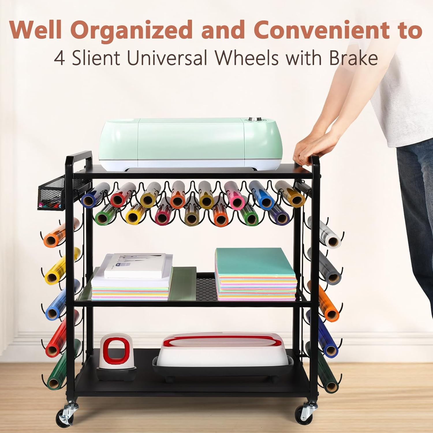 Rolling Craft Storage Cart and Organizer Table Compatible with Cricut Machine- Mobile Vinyl Roll Holder Rack, Vinyl Roll Storage Cart Rack with 25 Vinyl Roll Holders for Home Craft Room