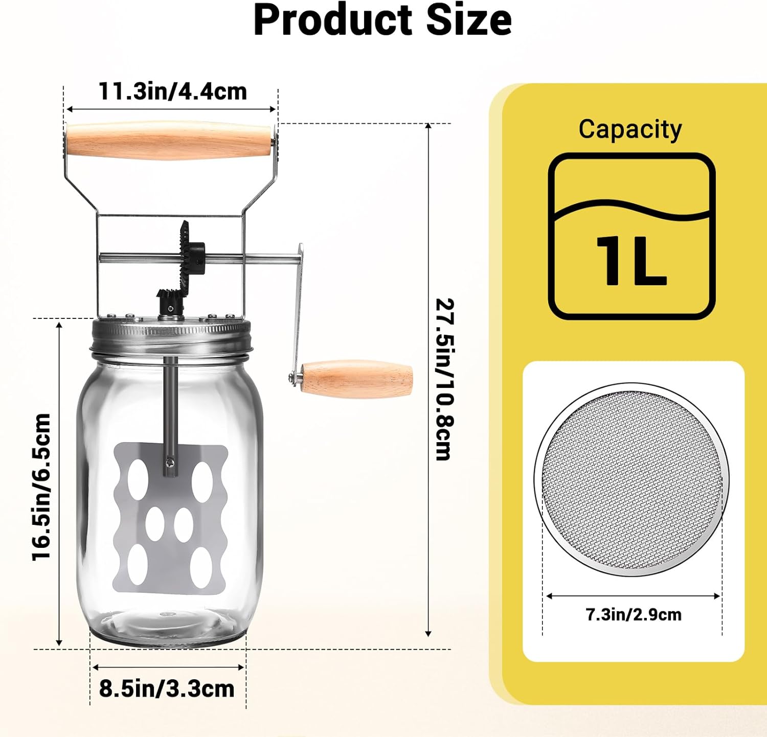 Butter Churn, Traditional Manual Butter Maker, 1L Capacity Butter Churner with Sifting Lid, Glass Butter Churn Create Delicious Homemade Butter within 15 Min, Upgraded Design Protect from Injury