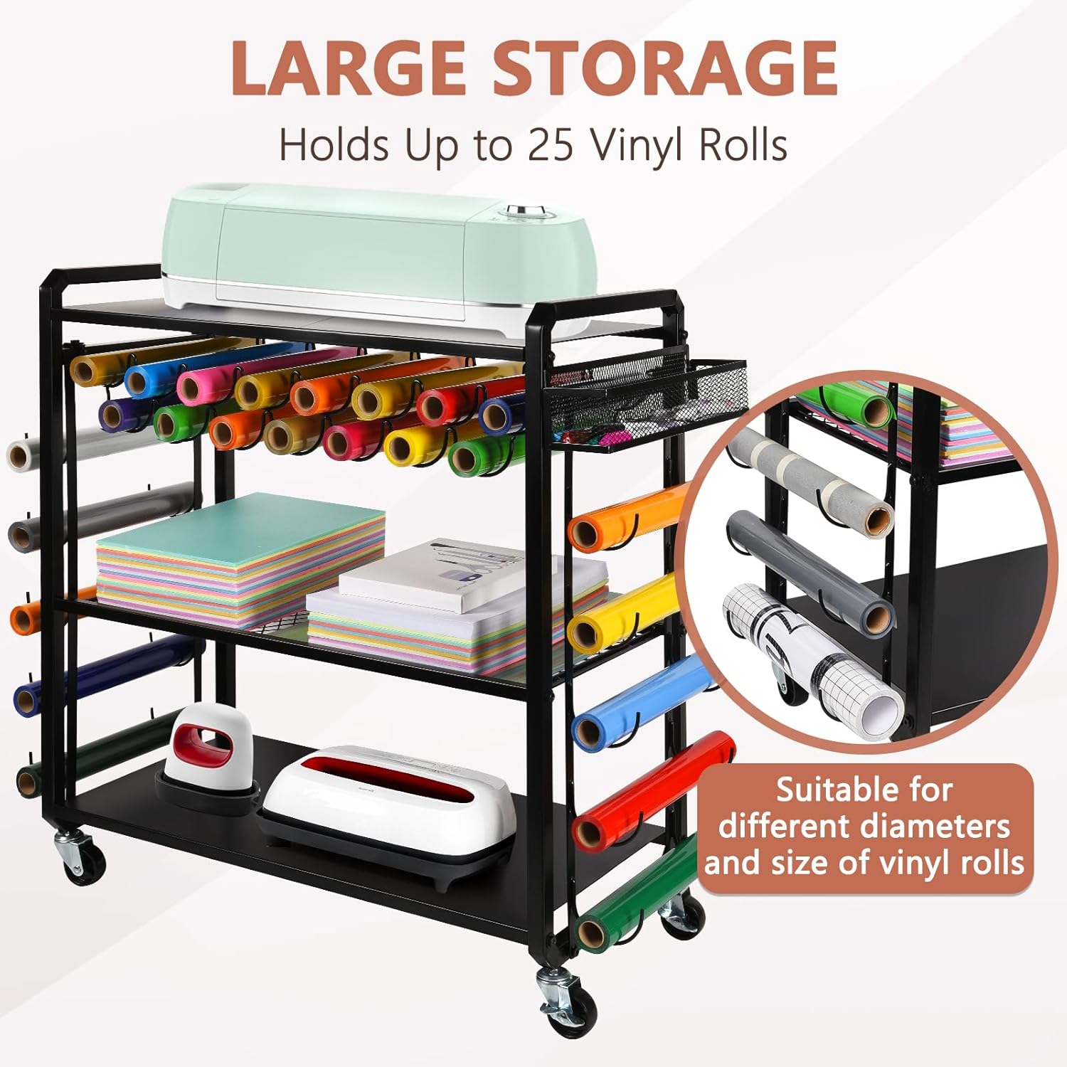 Rolling Craft Storage Cart and Organizer Table Compatible with Cricut Machine- Mobile Vinyl Roll Holder Rack, Vinyl Roll Storage Cart Rack with 25 Vinyl Roll Holders for Home Craft Room