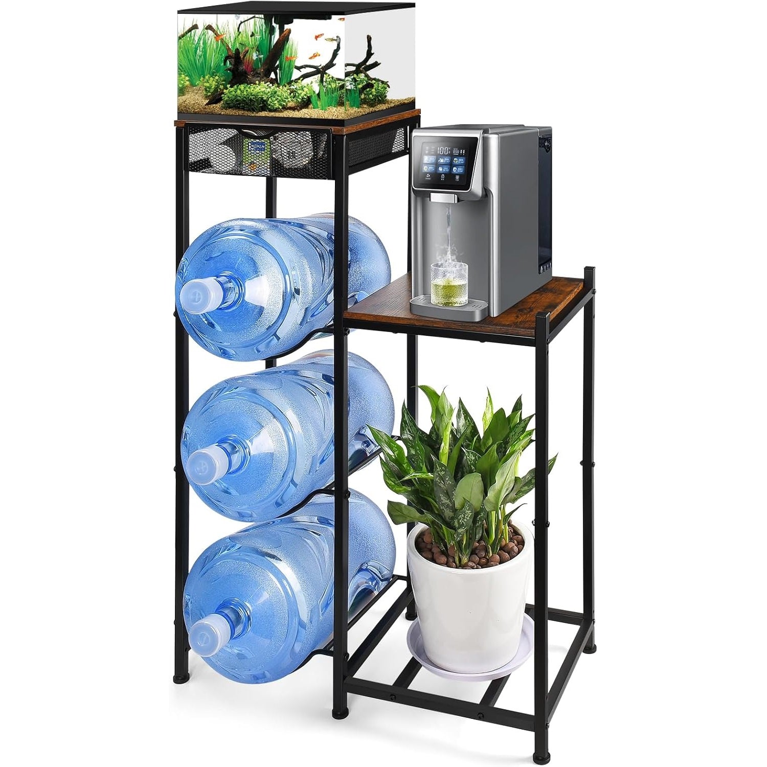 5 Gallon Water Jug Holder with Drawers, Heavy Duty Water Jug Stand with Water Dispenser Stand, 5 Gal Water Bottle Holder Water Cooler Jug Rack with 2 Wood Storage Shelves