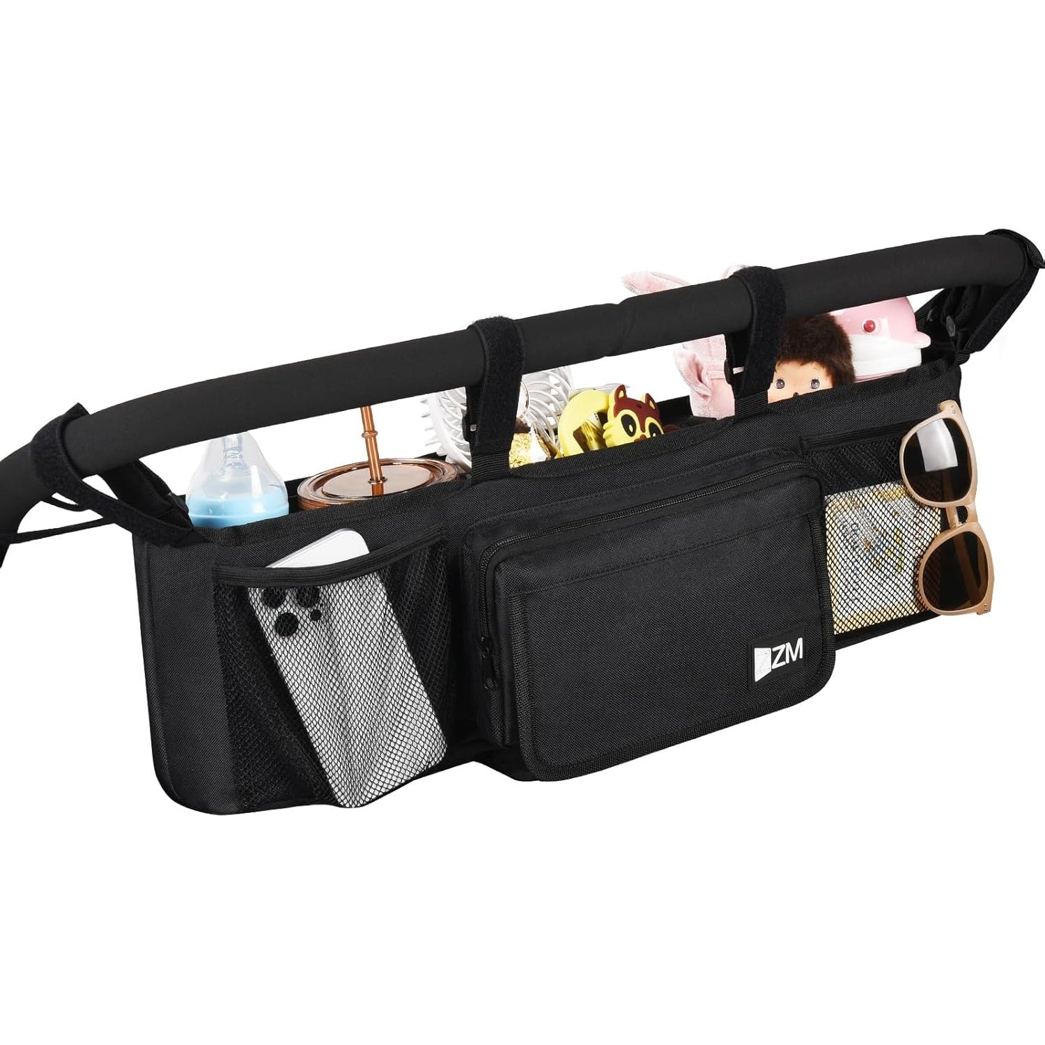 ZZM Double Stroller Organizer for Bob Duallie and Baby Jogger City Mini GT2, Double Baby Stroller Accessories with 2 Cooler Pockets, Parent Console Double Jogging Stroller Organizer(Empty Bag)