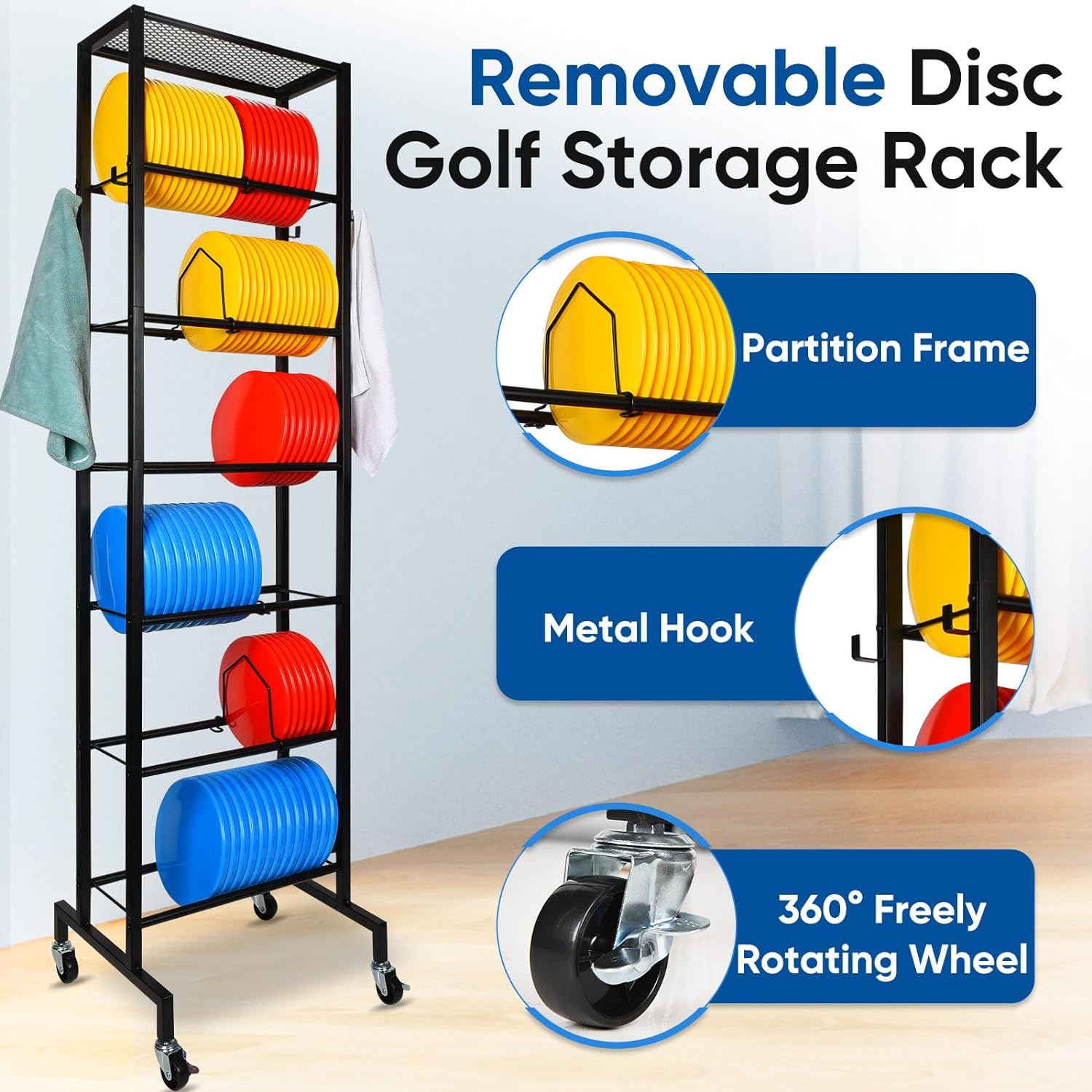 Disc Golf Storage, 6-Tier Disc Golf Rack, Movable Disc Golf Storage Shelf with Partition Frame, Large Disc Golf Storage for Organizing and Storing Disc Golf Discs, Black