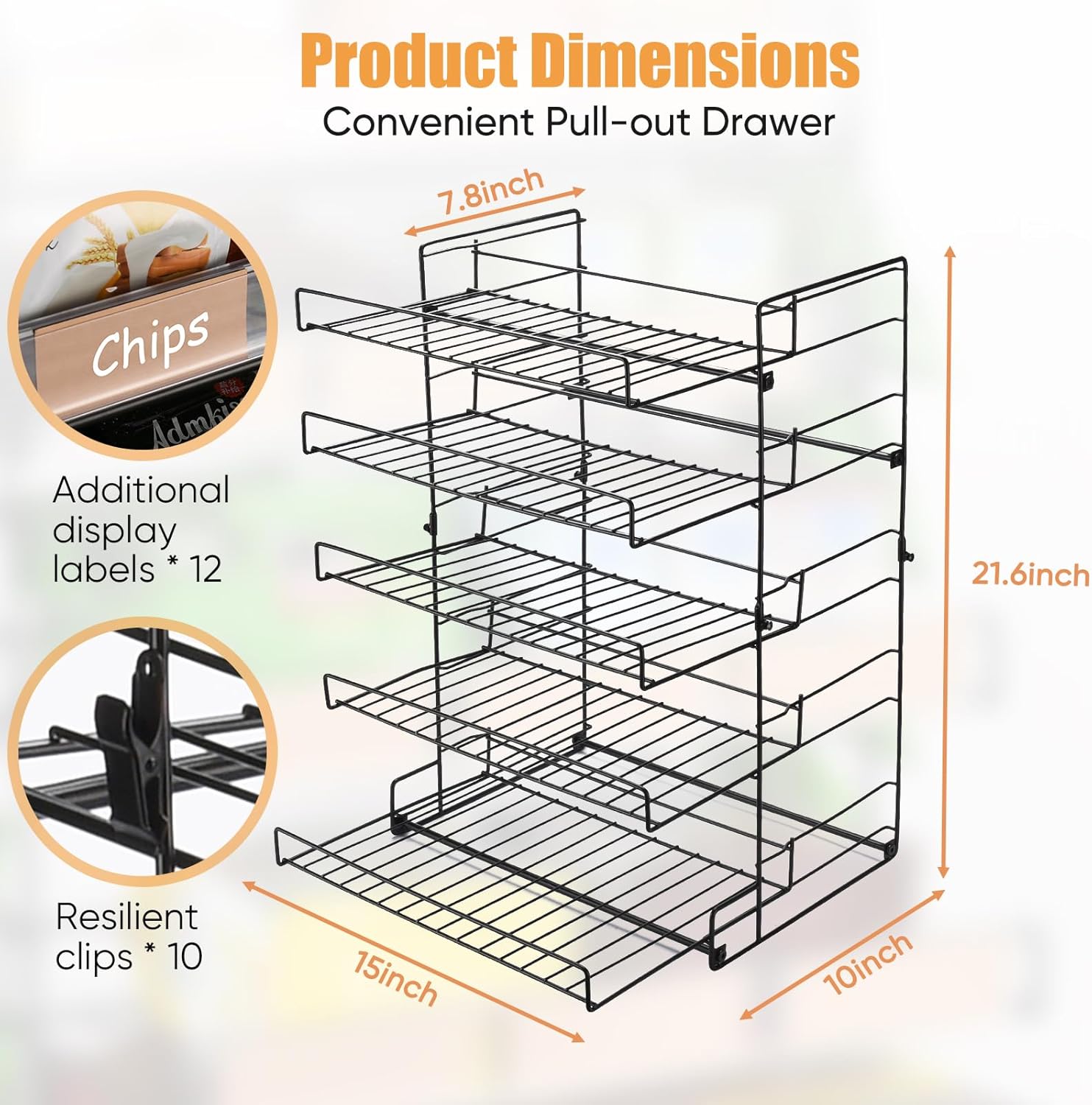 5-Tier Snack Organizer, Pull-Out Drawer Design Candy Display Rack, Metal Snack Display Stand with Chip Clip for Countertop, Large Snack Display Holder for Kitchen, Stores, Office, and More