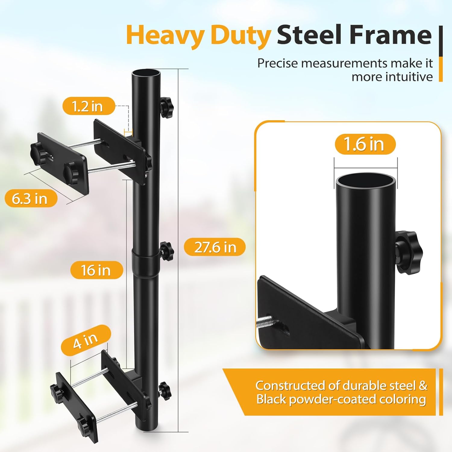 ZZM Patio Umbrella Holder for Deck Railing, Adjustable Deck Umbrella Mount Outdoor, Attachable to Railing Mounting Brackets - Upgraded 3 Screws to Secure Umbrella Handle, Maximizes Deck Space (Dark)