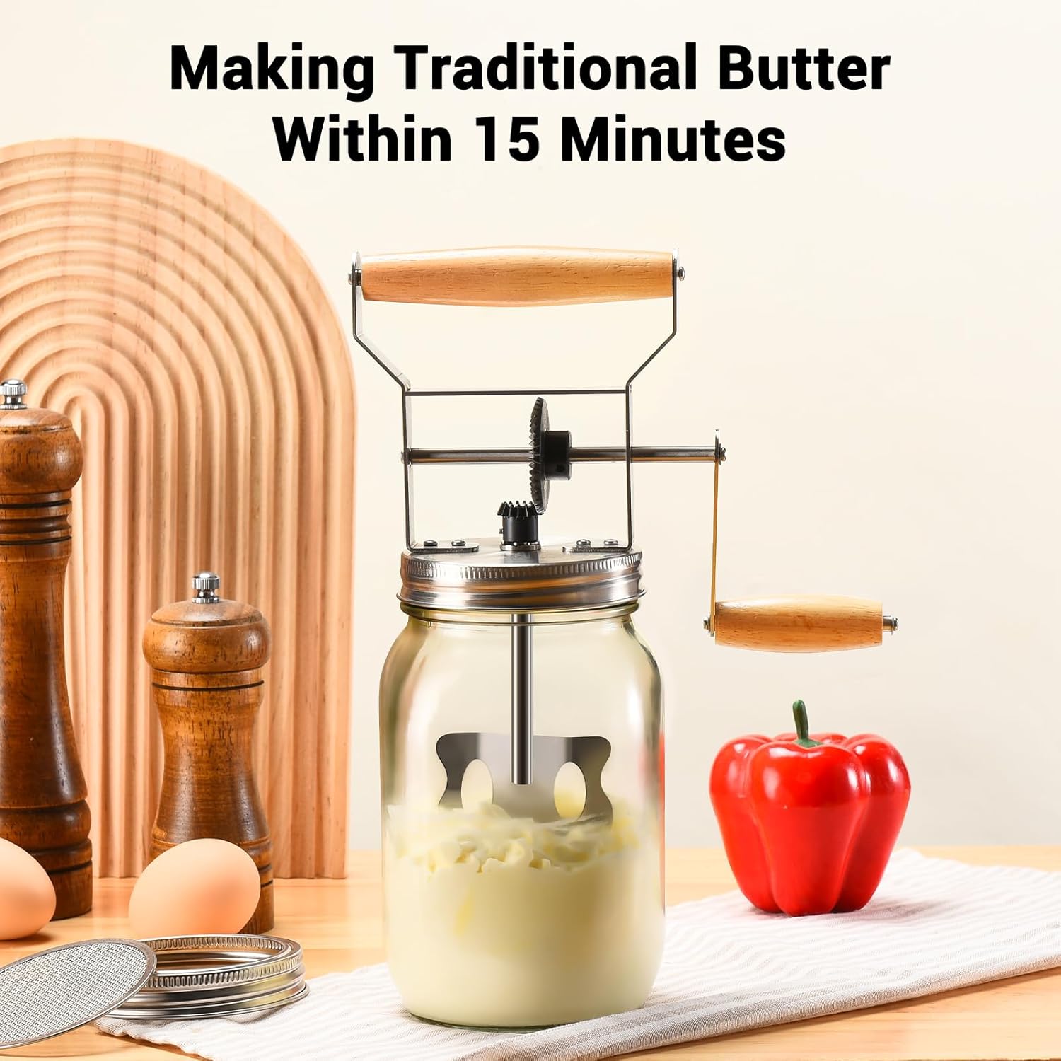 Butter Churn, Traditional Manual Butter Maker, 1L Capacity Butter Churner with Sifting Lid, Glass Butter Churn Create Delicious Homemade Butter within 15 Min, Upgraded Design Protect from Injury