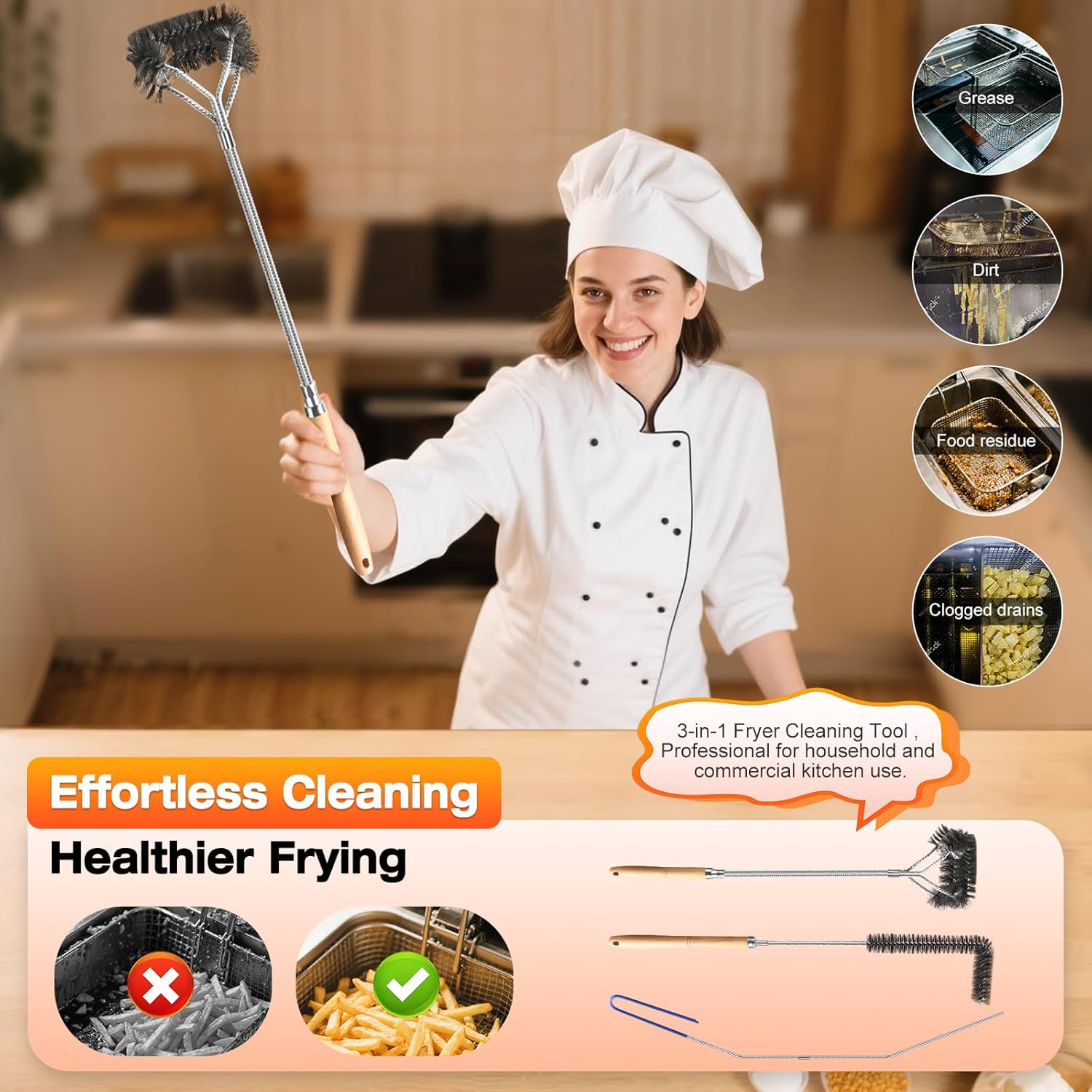 Fryer Cleaning Tools Set of 3, Stainless Steel Deep Fryer Basket Brush, Long Handle L-Shaped Crevice Cleaning Brush and Cleanout Rod Kit for Kitchen Restaurant, Electric Fryer Degreasing Scrubber Tool