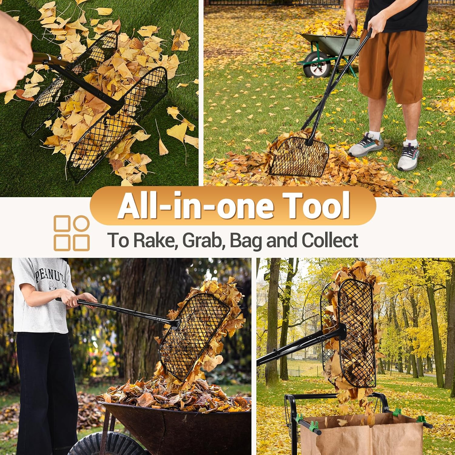 CAROD Leaf Grabber Rake with Long Handle, Lightweight Metal Leaves Rak ...