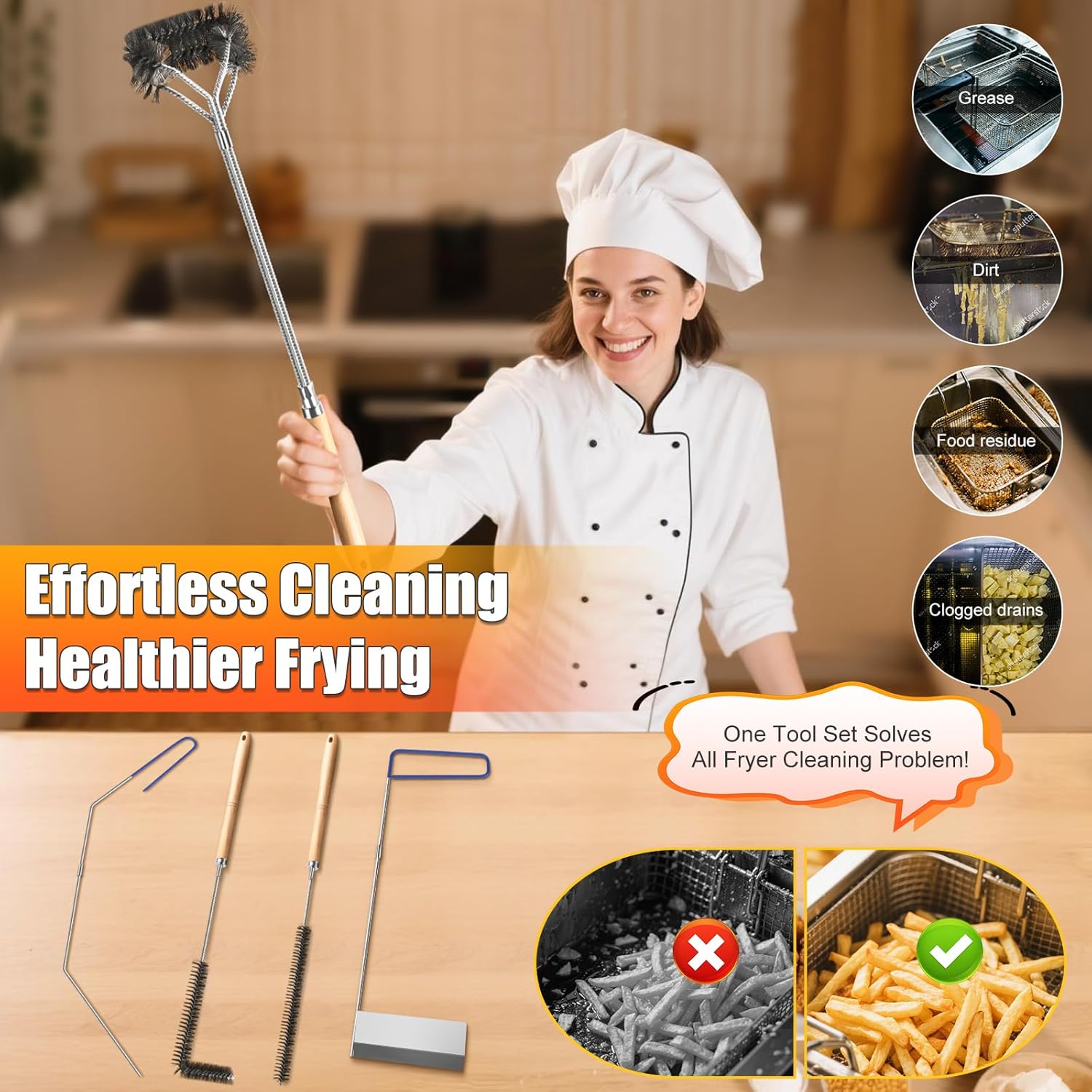 Fryer Cleaning Tool 5 Piece Set, Deep Fryer Basket Brush, Long Handle L-Shaped & Straight Crevice Cleaning Brush, Cleanout Rod Kit and V-Shaped Strainer Scoop for Restaurant, Kitchen Maintenance