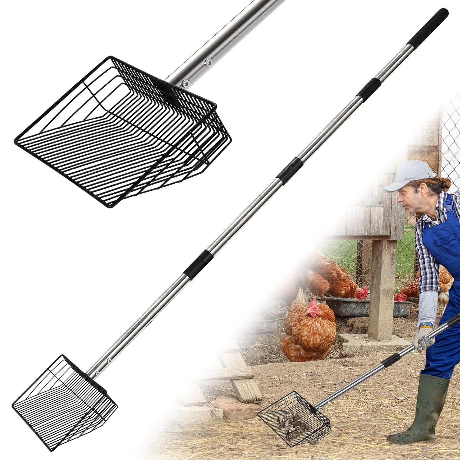 10inch Large Metal Chicken Poop Scooper, 4 in 1 Chicken Coop Litter Scoop with (24 to 68" Long) Stainless Steel Handle, Multifunctional Heavy Duty Litter Sifting Shovel Chicken Coop Accessories