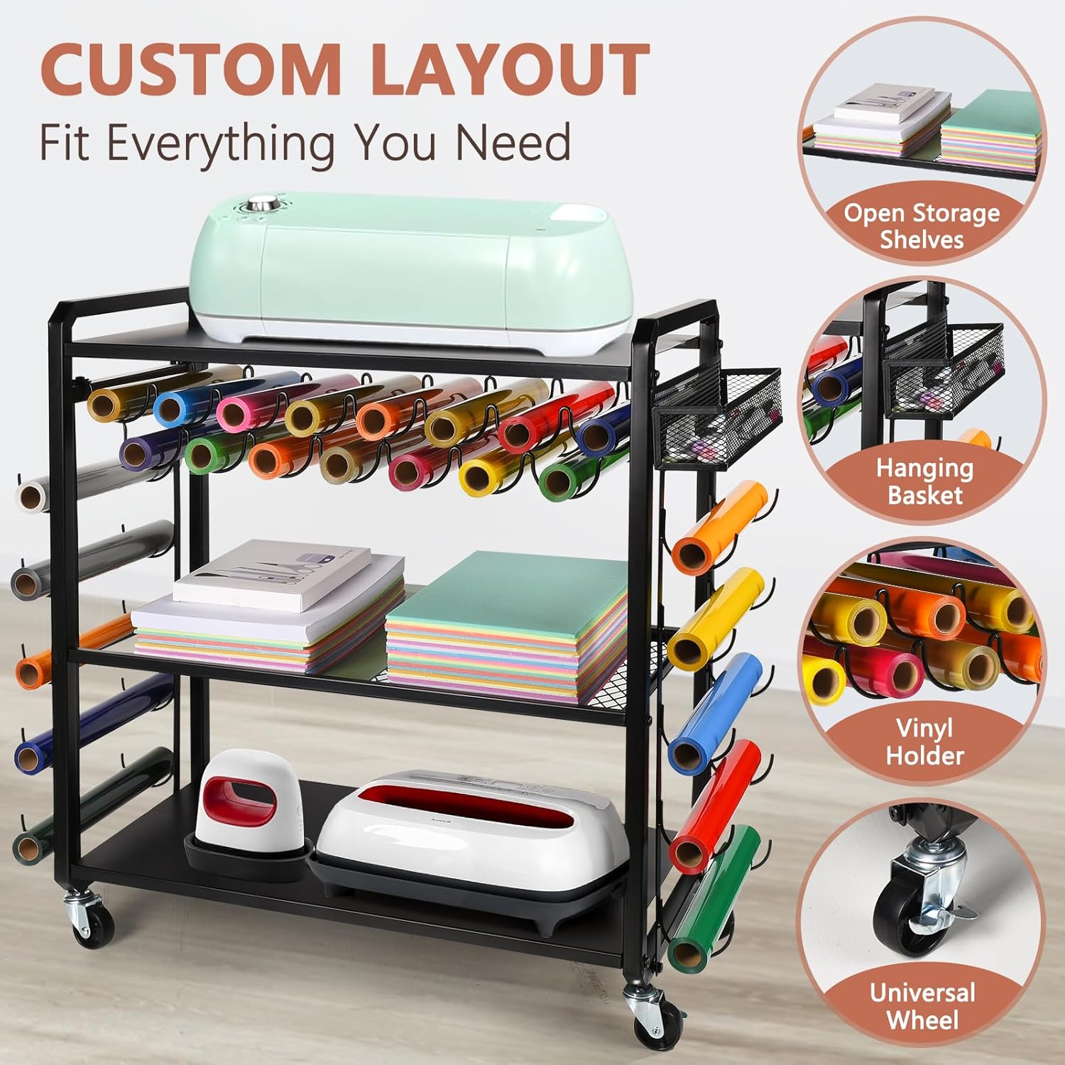 Rolling Craft Storage Cart and Organizer Table Compatible with Cricut Machine- Mobile Vinyl Roll Holder Rack, Vinyl Roll Storage Cart Rack with 25 Vinyl Roll Holders for Home Craft Room