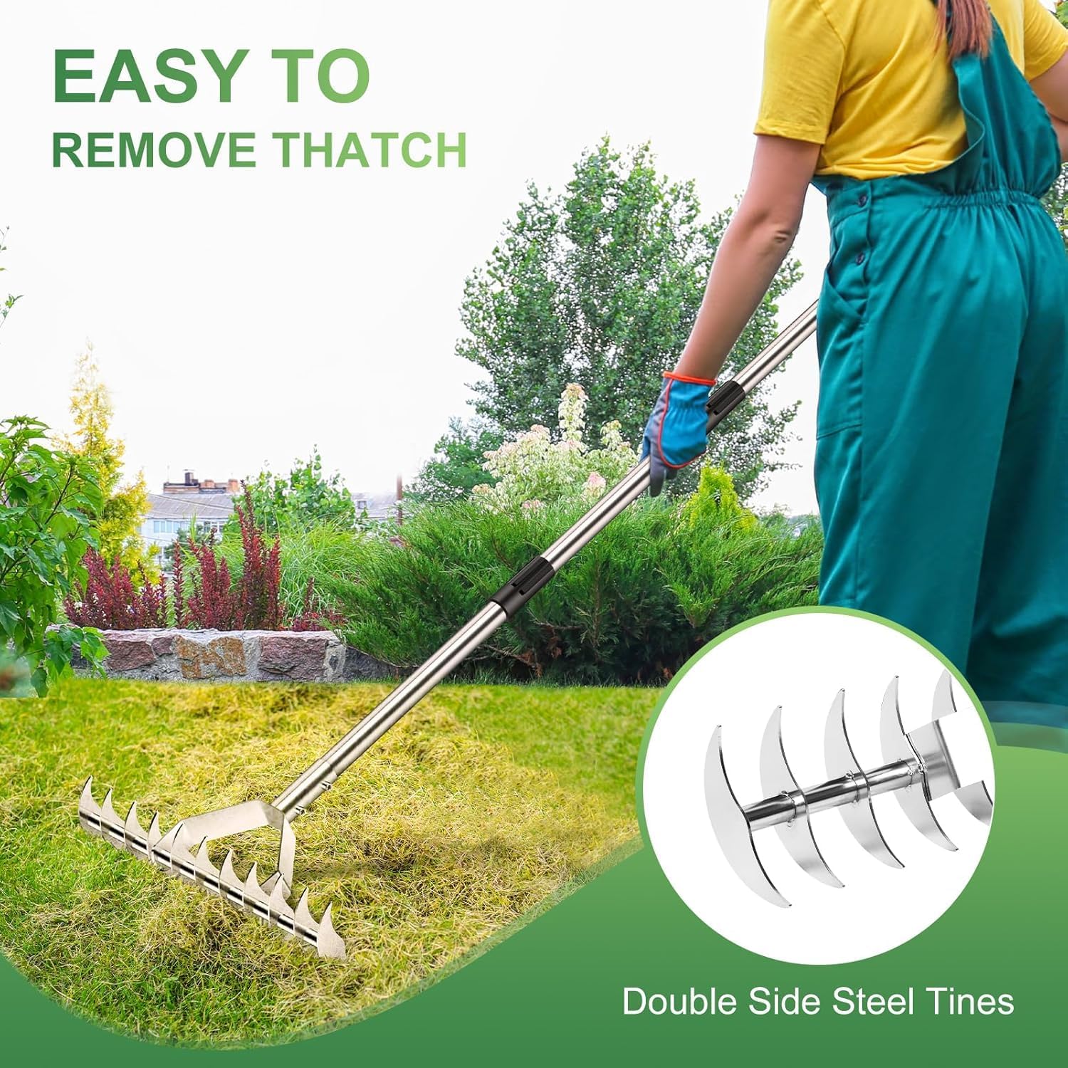 62" Thatch Rake, 15-Inch Wide Lawn Thatching Rake for Cleaning Dead Grass, 11 Curved Steel Tines Double-Sided Dethatching Rake for Garden, Lawn