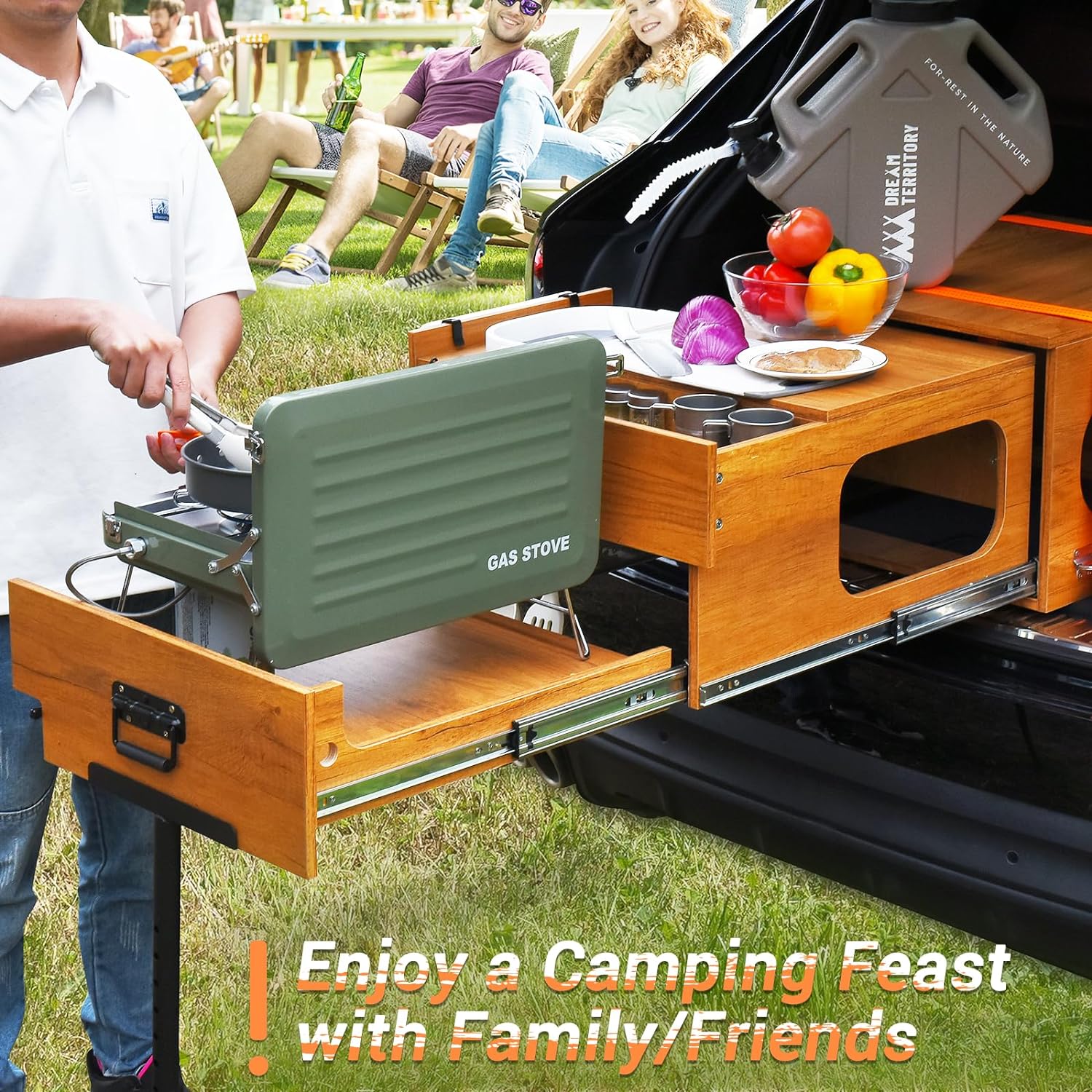 Overland Camp Kitchen, Vehicle Camping Table for Burners Camp Stove, Outdoor Portable Folding Kitchen Box with Bed Drawer Ideal for SUV/Truck/RV/Van(The Original and Patented)