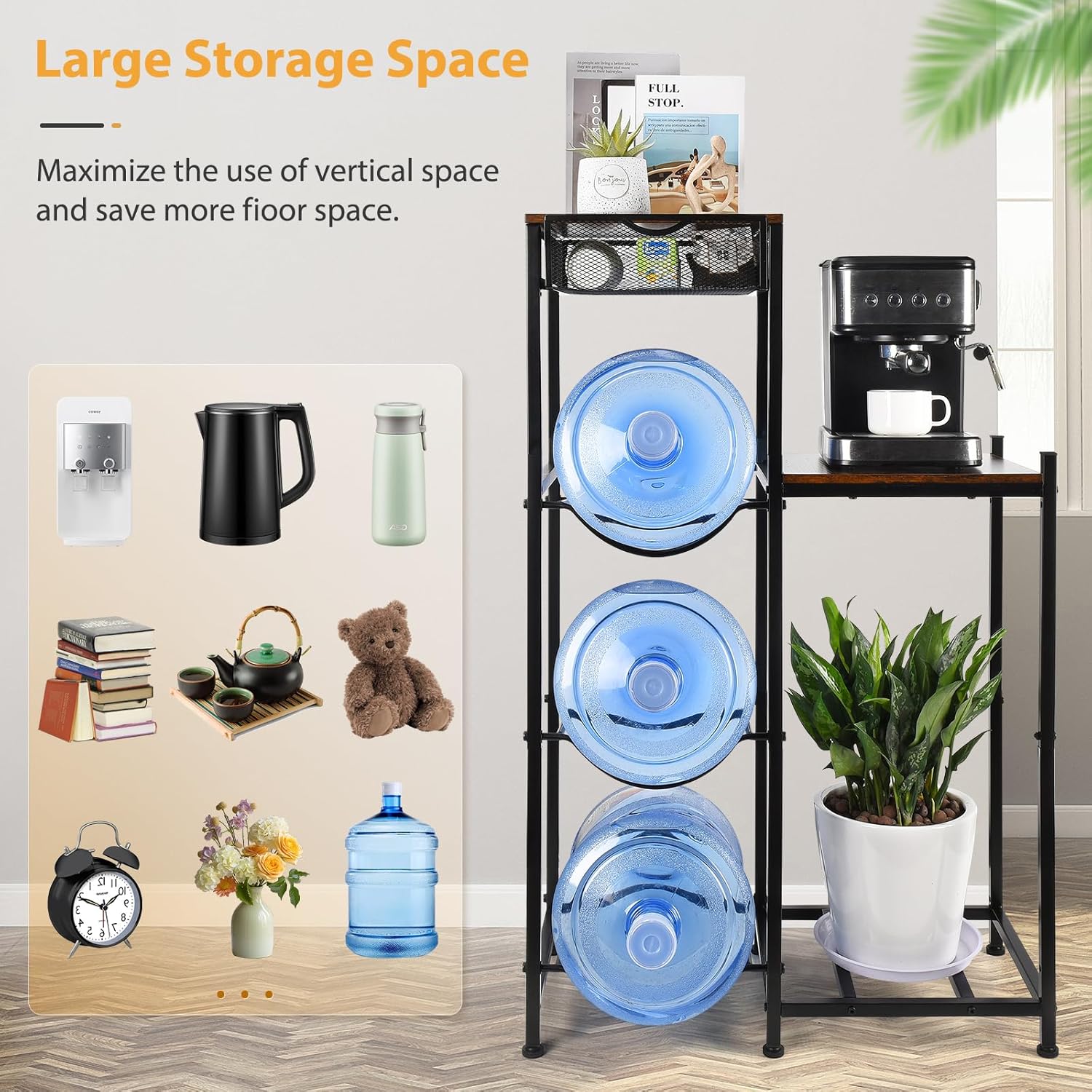 5 Gallon Water Jug Holder with Drawers, Heavy Duty Water Jug Stand with Water Dispenser Stand, 5 Gal Water Bottle Holder Water Cooler Jug Rack with 2 Wood Storage Shelves