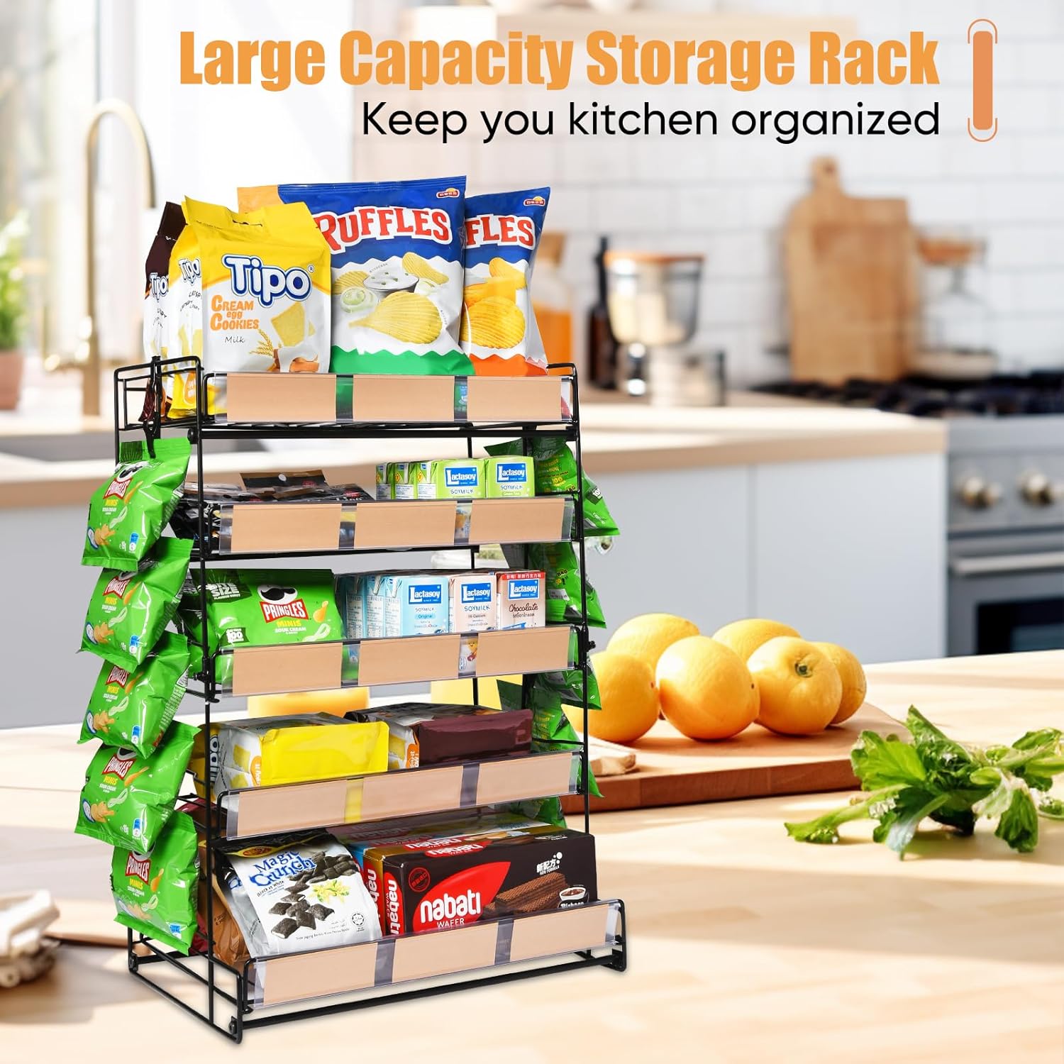 5-Tier Snack Organizer, Pull-Out Drawer Design Candy Display Rack, Metal Snack Display Stand with Chip Clip for Countertop, Large Snack Display Holder for Kitchen, Stores, Office, and More