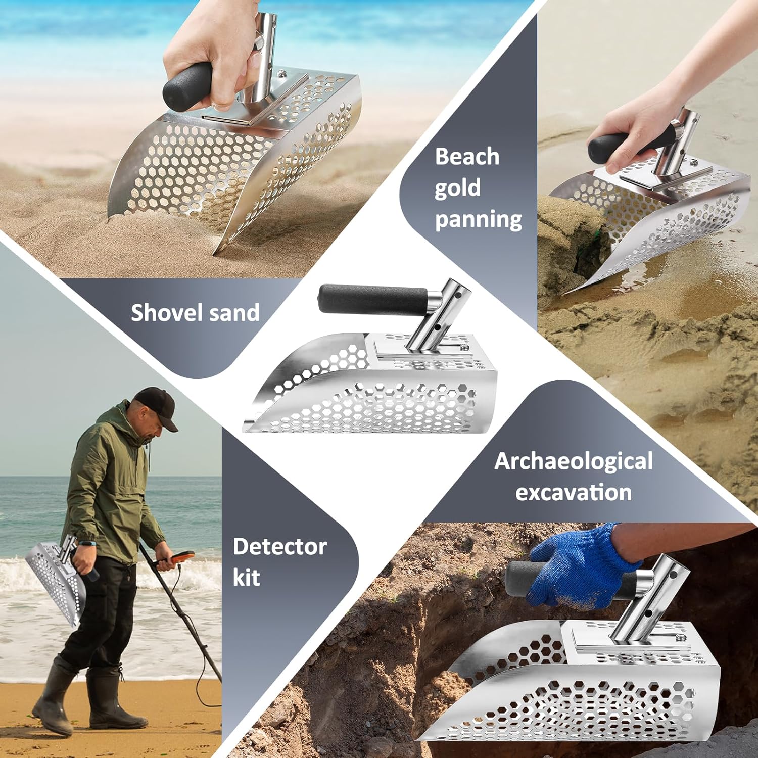 GADFISH Sand Scoop with Shovel for Metal Detecting, Heavy Duty Metal Detector Beach Finds Scoop, Stainless Steel Metal Detecting Tool Digging Shovel Fast Sifting Stainless Steel Shovel