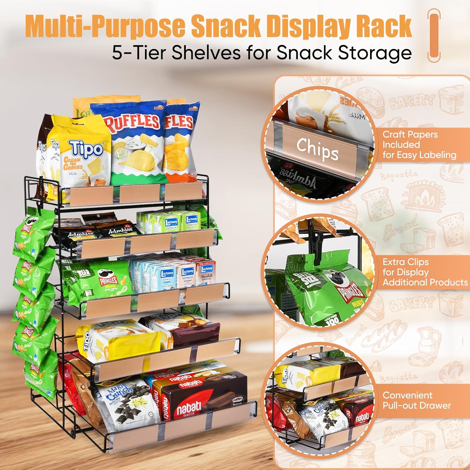 5-Tier Snack Organizer, Pull-Out Drawer Design Candy Display Rack, Metal Snack Display Stand with Chip Clip for Countertop, Large Snack Display Holder for Kitchen, Stores, Office, and More