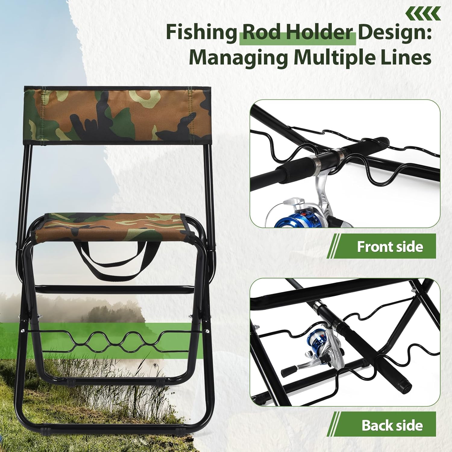 GADFISH Fishing Chair with Rod Holder, Portable Fishing Chairs for Adults, Outdoor Fishing Stool for Ice Fishing, Beach, Camp, Lawn, Patio, Garden