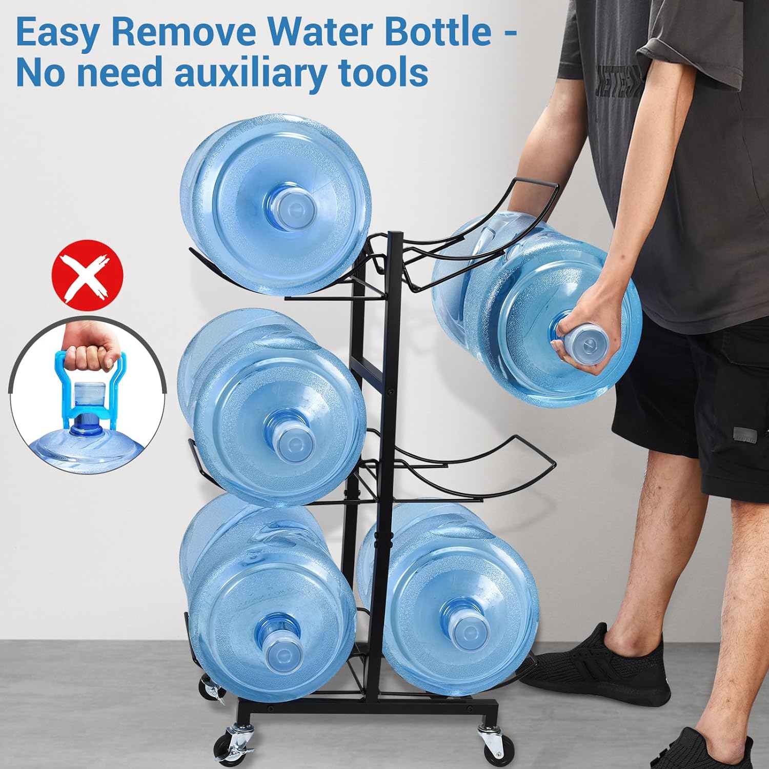 CAROD 5 Gallon Water Bottle Holder, Heavy Duty Foldable Water Jug Stand 3-Tier Movable 5 Gallon Water Jug Holder Water Cooler Jug Rack with 4 Wheels for 6 Bottles, Black