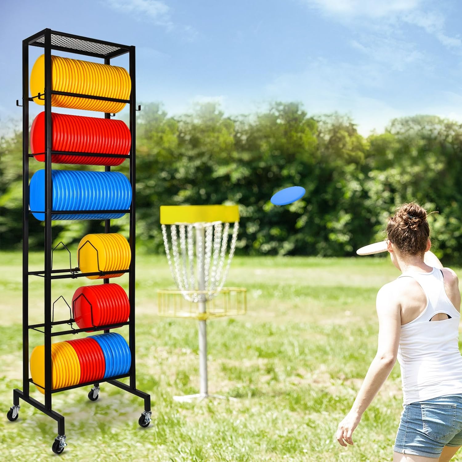 Disc Golf Storage, 6-Tier Disc Golf Rack, Movable Disc Golf Storage Shelf with Partition Frame, Large Disc Golf Storage for Organizing and Storing Disc Golf Discs, Black