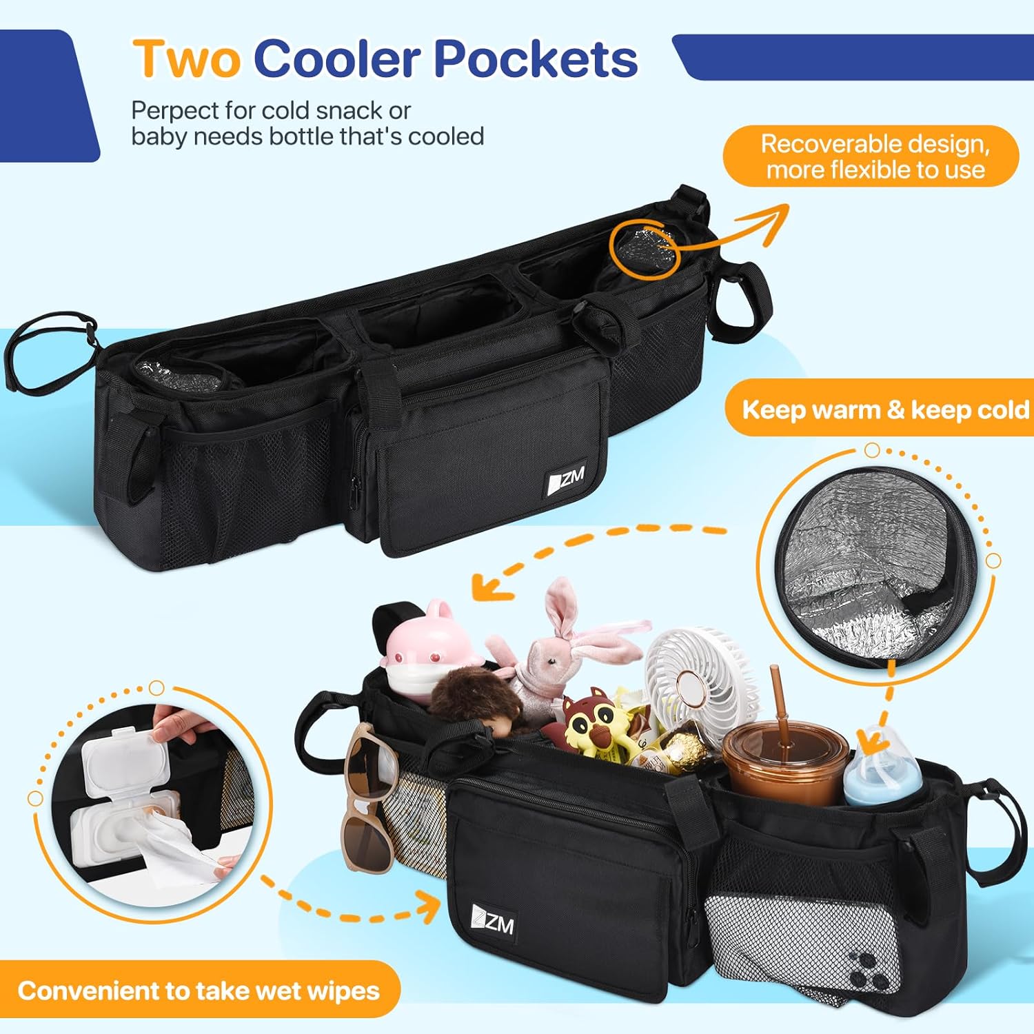 ZZM Double Stroller Organizer for Bob Duallie and Baby Jogger City Mini GT2, Double Baby Stroller Accessories with 2 Cooler Pockets, Parent Console Double Jogging Stroller Organizer(Empty Bag)