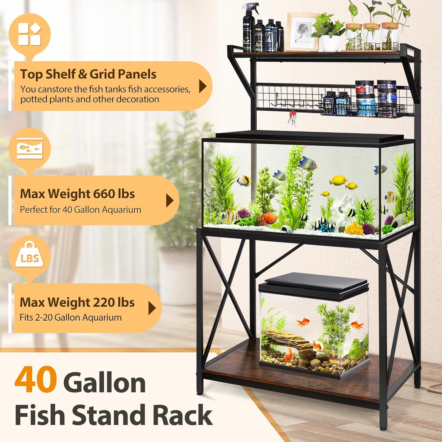 40 Gallon Fish Tank Stand, Vertical Three Tier Metal Aquarium Stand with Grid Wall Panel for Fish Tank Accessories Storage, Fits Aquarium, Turtle Tank, or Reptile Terrariums (Without Basket & Hooks)