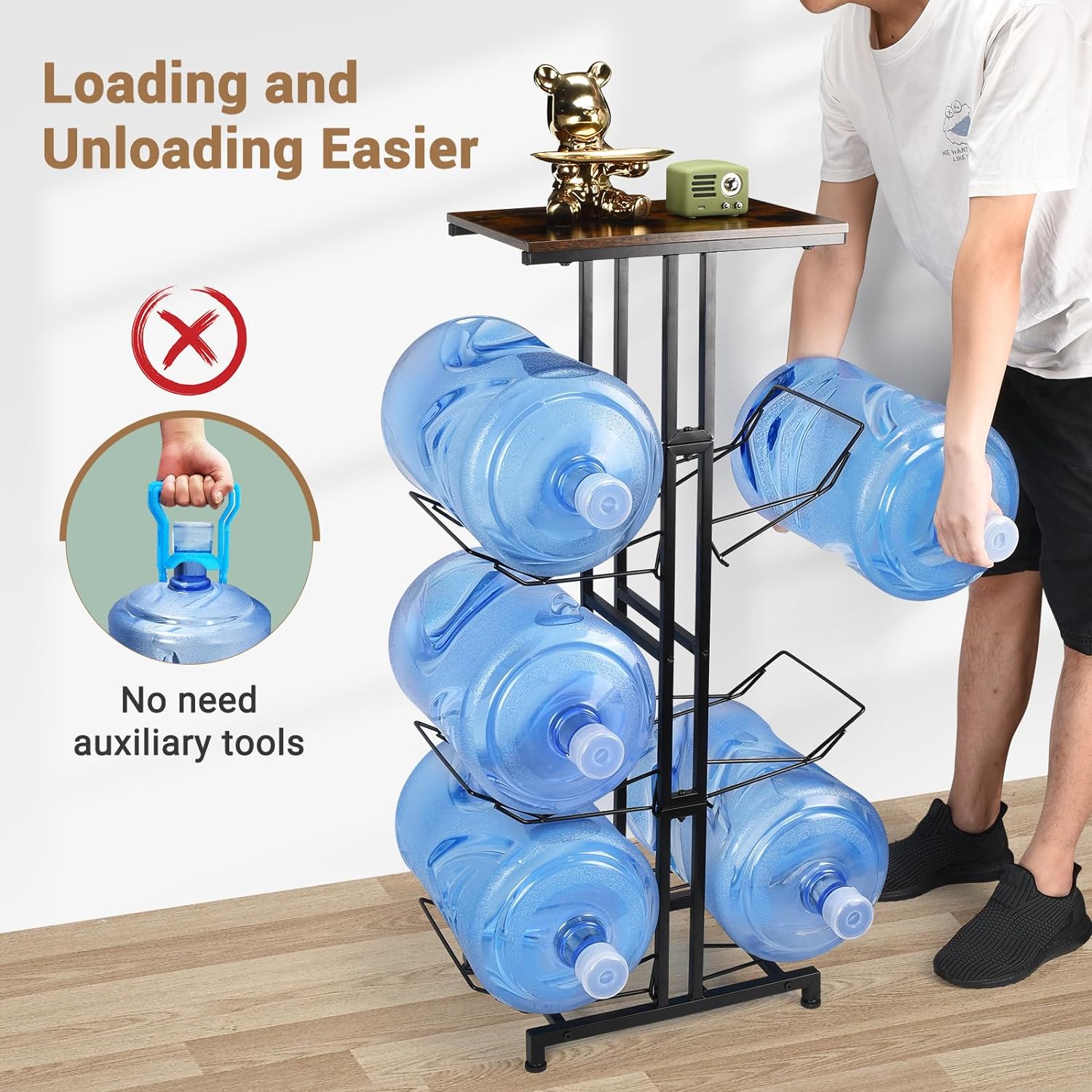 5 Gallon Water Jug Holder, Heavy Duty Water Jug Stand with Storage Shelves, 3-Tier Foldable 5 Gallon Water Bottle Holder Water Cooler Jug Rack for Kitchen Living Room Office Gym(Only Shelf)