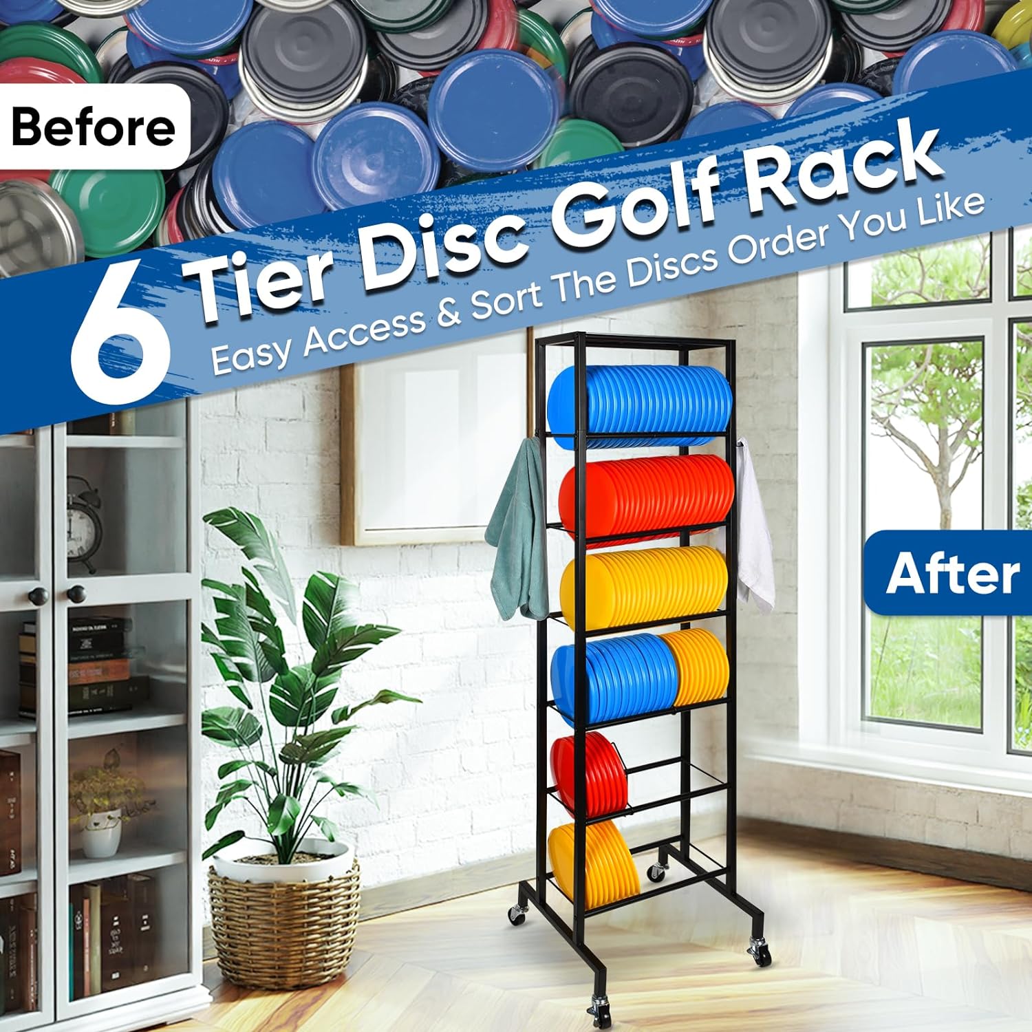 Disc Golf Storage, 6-Tier Disc Golf Rack, Movable Disc Golf Storage Shelf with Partition Frame, Large Disc Golf Storage for Organizing and Storing Disc Golf Discs, Black