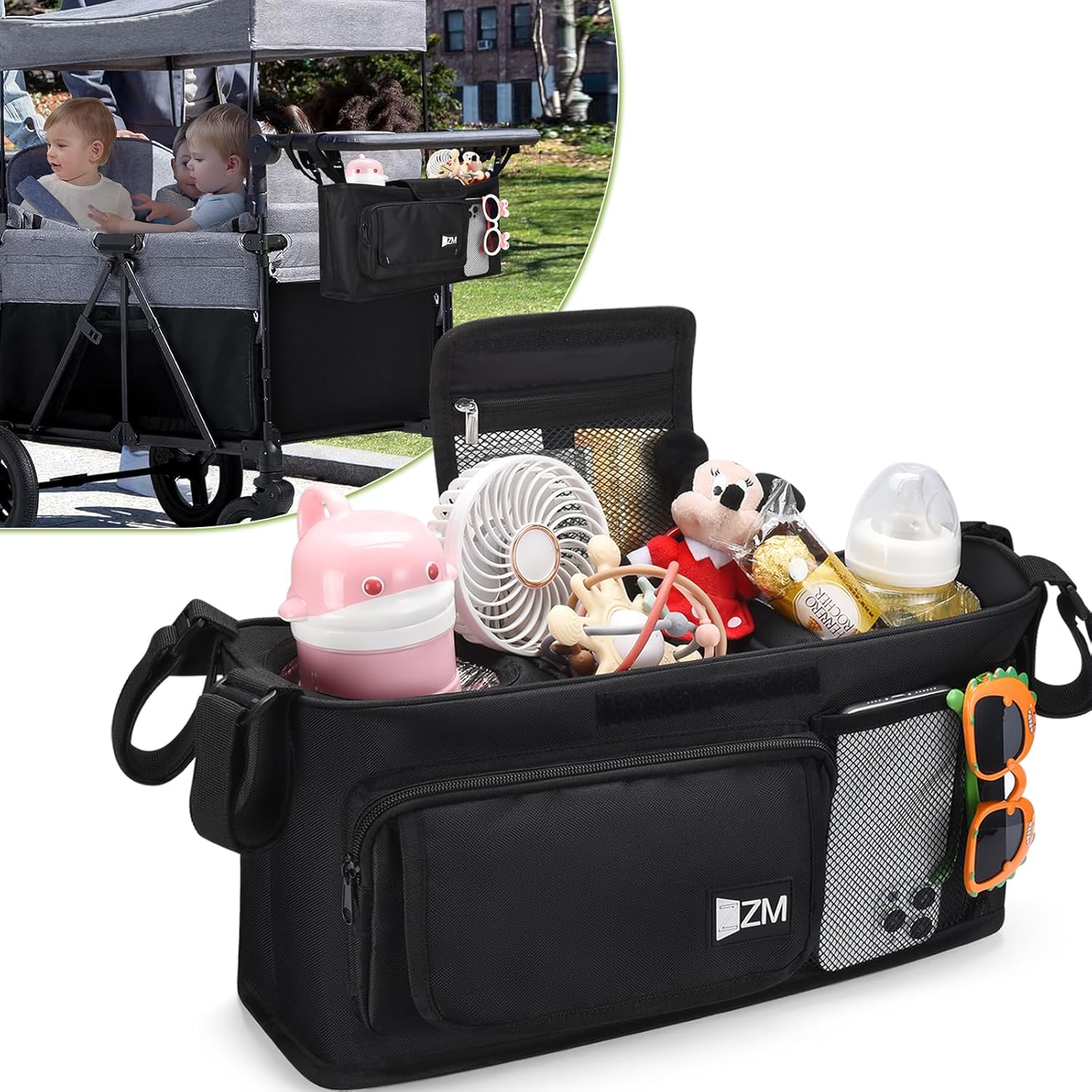 ZZM Stroller Wagon Organizer Compatible with WONDERFOLD W&X, Jeep Deluxe Wrangler, EVER ADVANCED Wagon, Parent Console Wagon Stroller Accessories with 2 Large Insulated Cup Holder(Empty Bag)