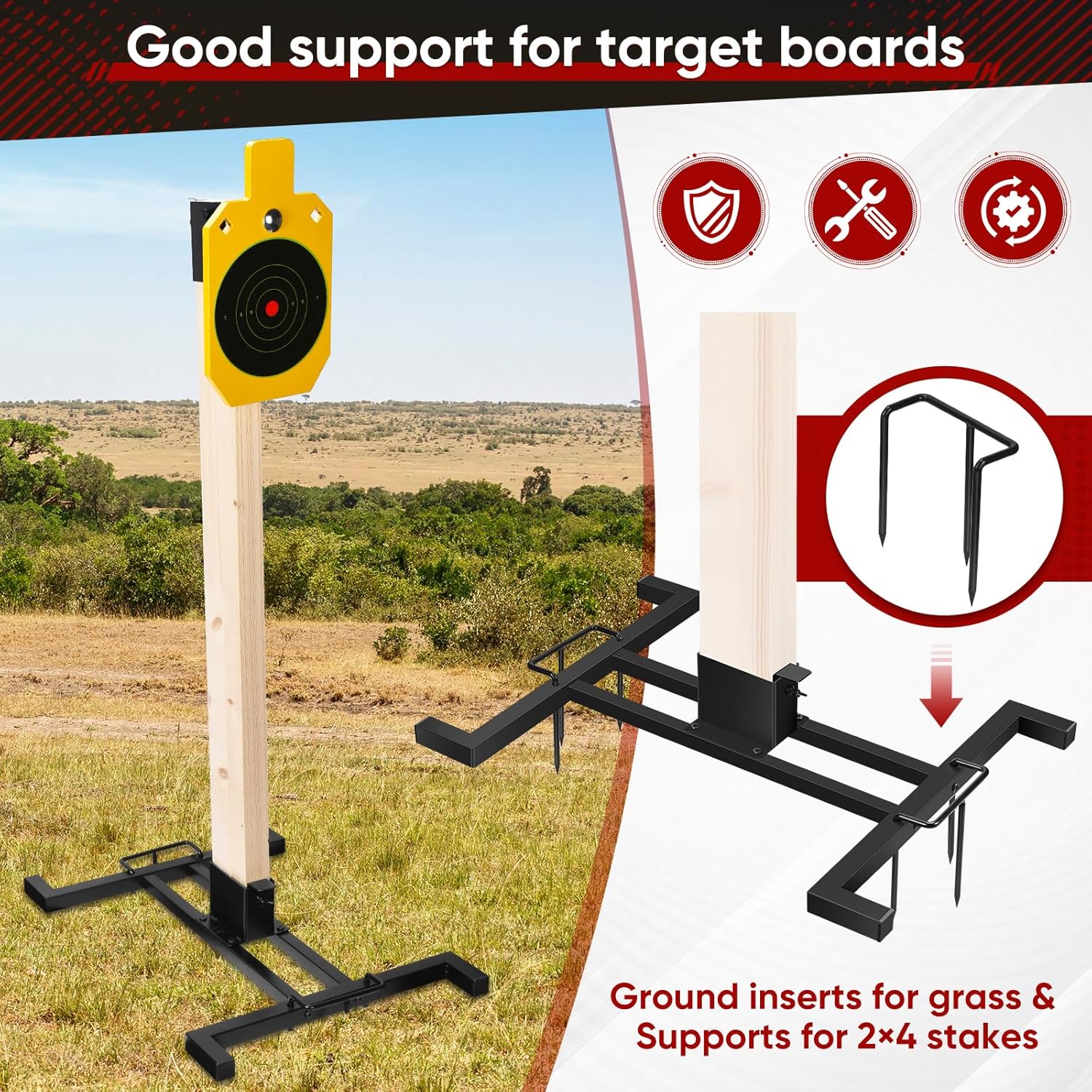 GADFISH Outdoor 2x4 Shooting Target Stand, Ajustable AR500 Steel Target Stand Base, Target Stands for Shooting Range with Ground Insertion, Black