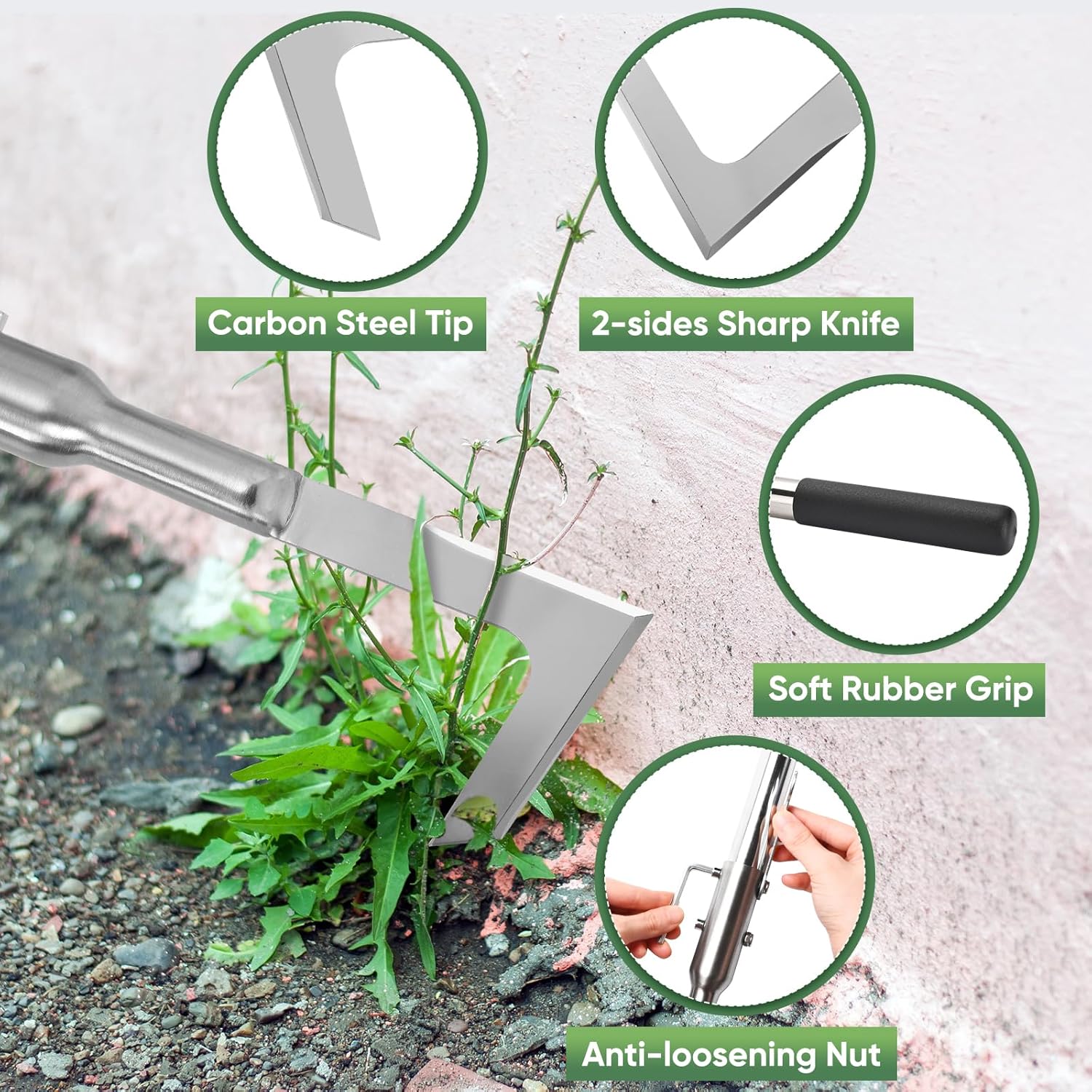 Crack Weeder Manual, Crevice Weeding Tool, Weed Remover Puller Tool with 30”-60” Adjustable Long Stainless Steel Handle for Sidewalk Deck Paver Boards Crack, Crevice Weed Cleaning Gardening Tool