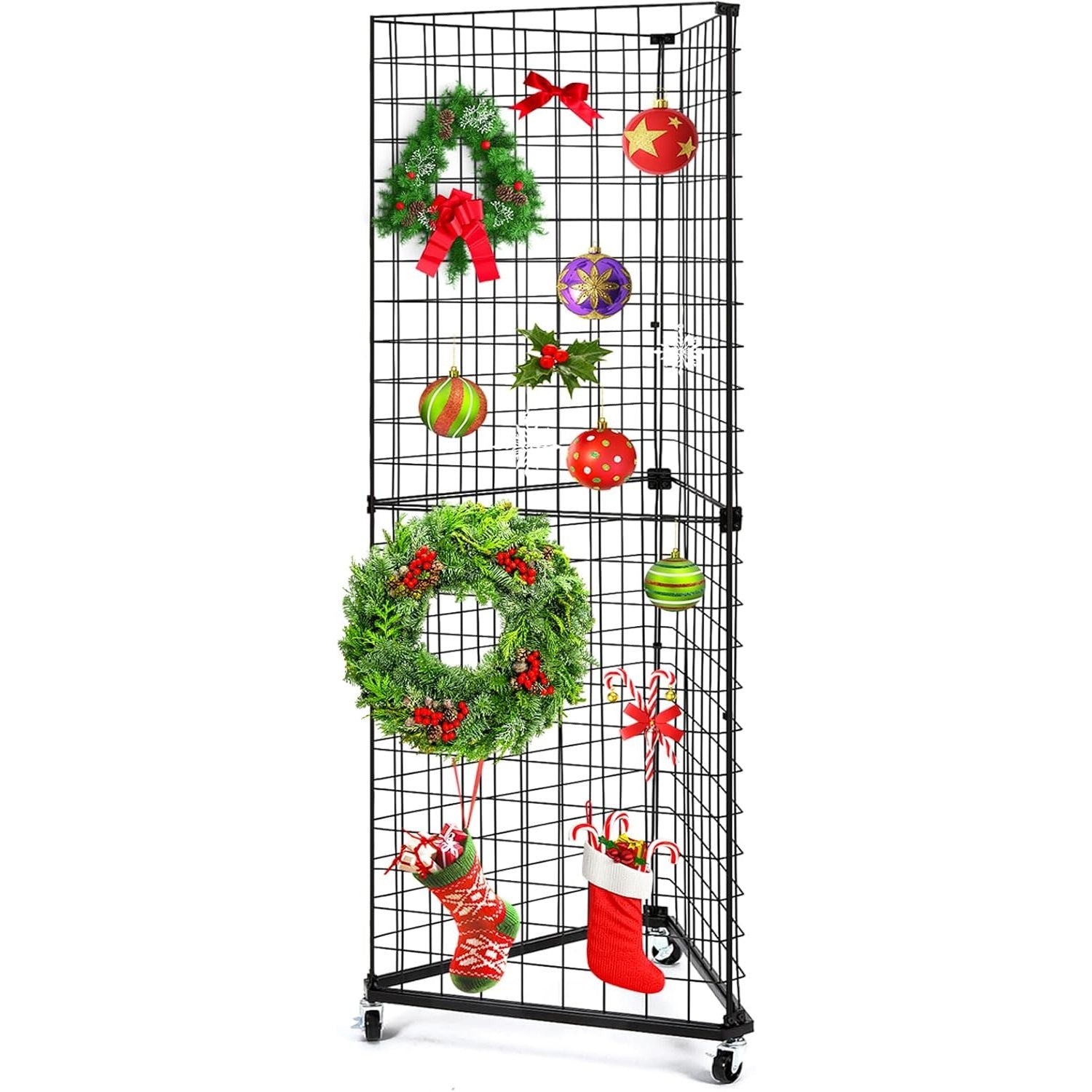 GADFISH Triangular Gridwall Panel Display Stand, Black Triangle Wire Grid Tower with Base and Casters, 24" x 68" Rolling Grid Wall, Grid Panel Stand for Home Organization, Retail, Trade Show, Vendor