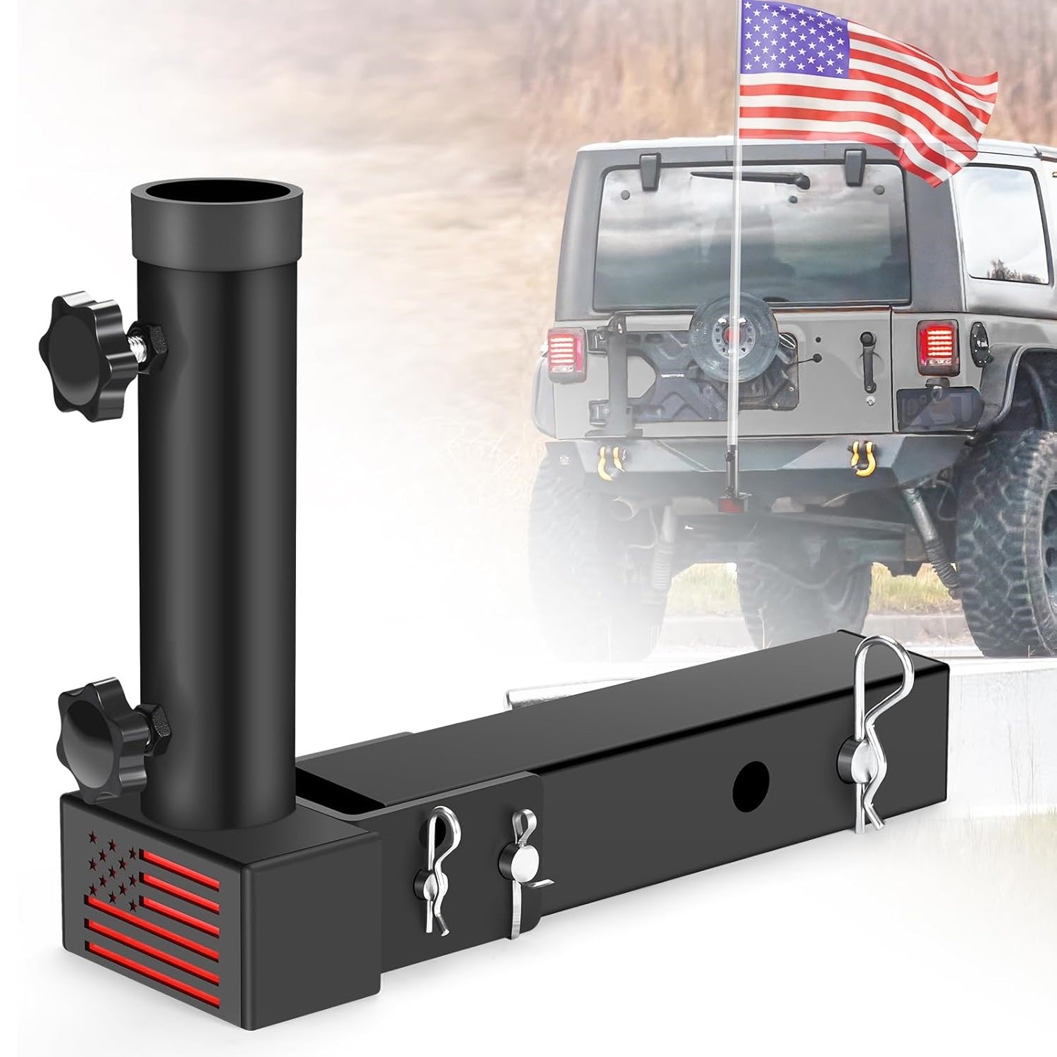 GADFISH Trailer Hitch Flagpole Mount, 2 Mounting Options US Flag Hitch Mount, Universal Flag Hitch Mount for All 2" Receiver, Trailer Hitch Flag Pole Holder for Driving, Black (for 1 Flagpole)