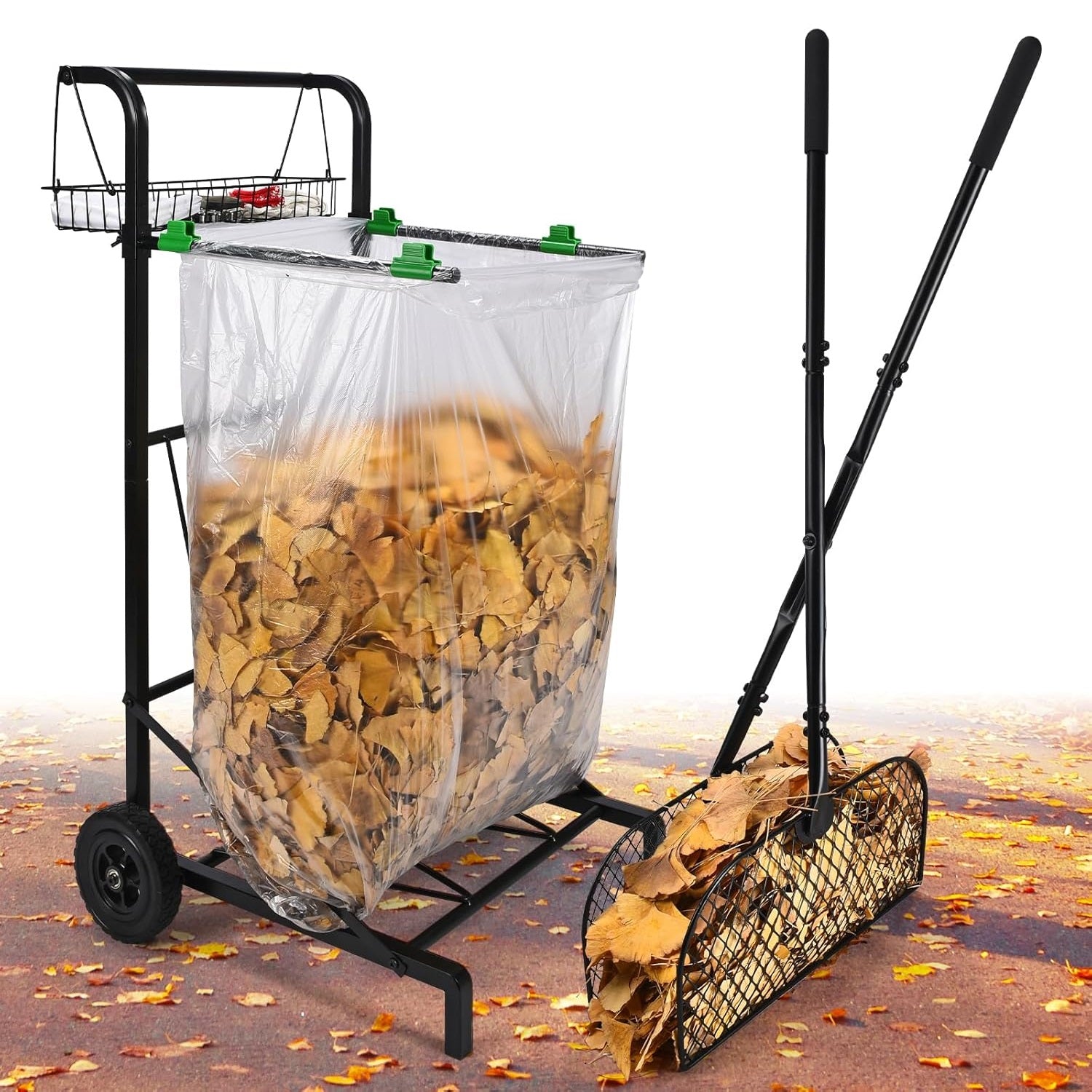 CAROD Mobile Leaf Bag Holder with Leaves Grabber Rake Combo, Lightweight Metal Leaf Grabber with Long Handle, Convenient Trash Bag Cart Holds 30-45 Gallon Trash Bags for Leaves Weeding Camping Party