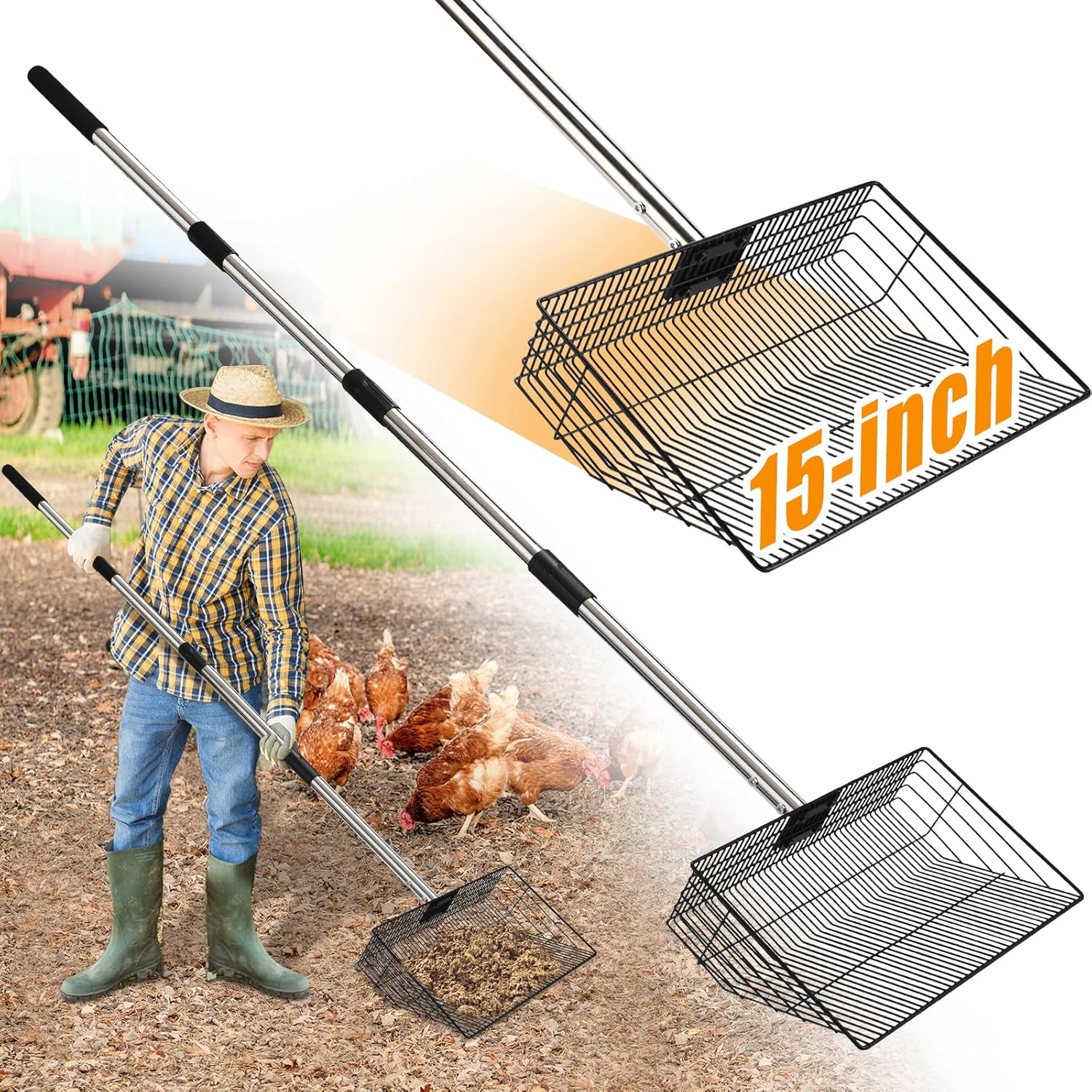 15inch Extra Large Chicken Poop Scooper, Heavy Duty Chicken Coop Scoop for Poop with 24 to 68" Stainless Steel Adjustable Handle, Litter Scooper Sifting Shovel Chicken Coop Accessories