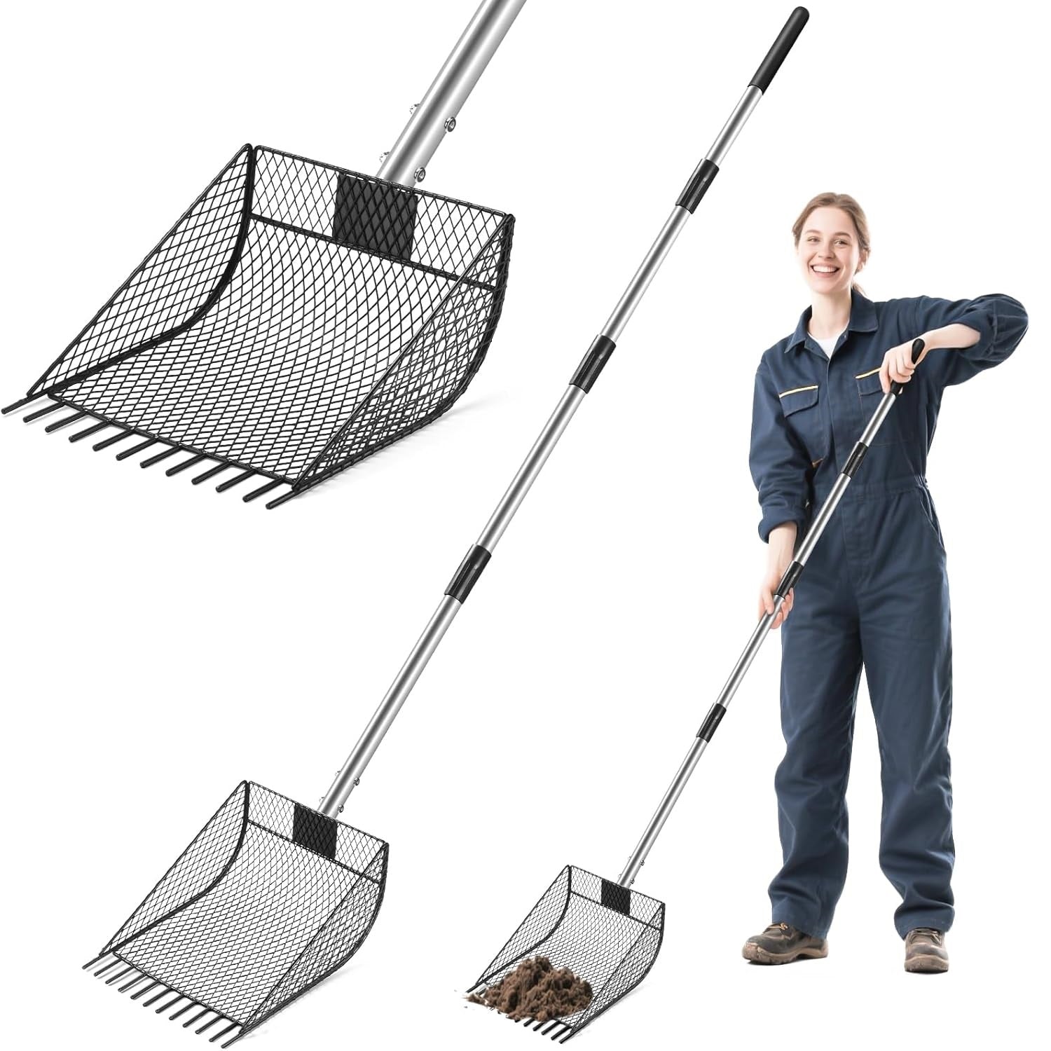 Chicken Poop Scooper & Rake 2-in-1, Metal Chicken Coop Scoop for Poop with 24 to 68" Adjustable Stainless Steel Handle, Litter Scooper Sand Sifting Shovel Chicken Coops/Animals House
