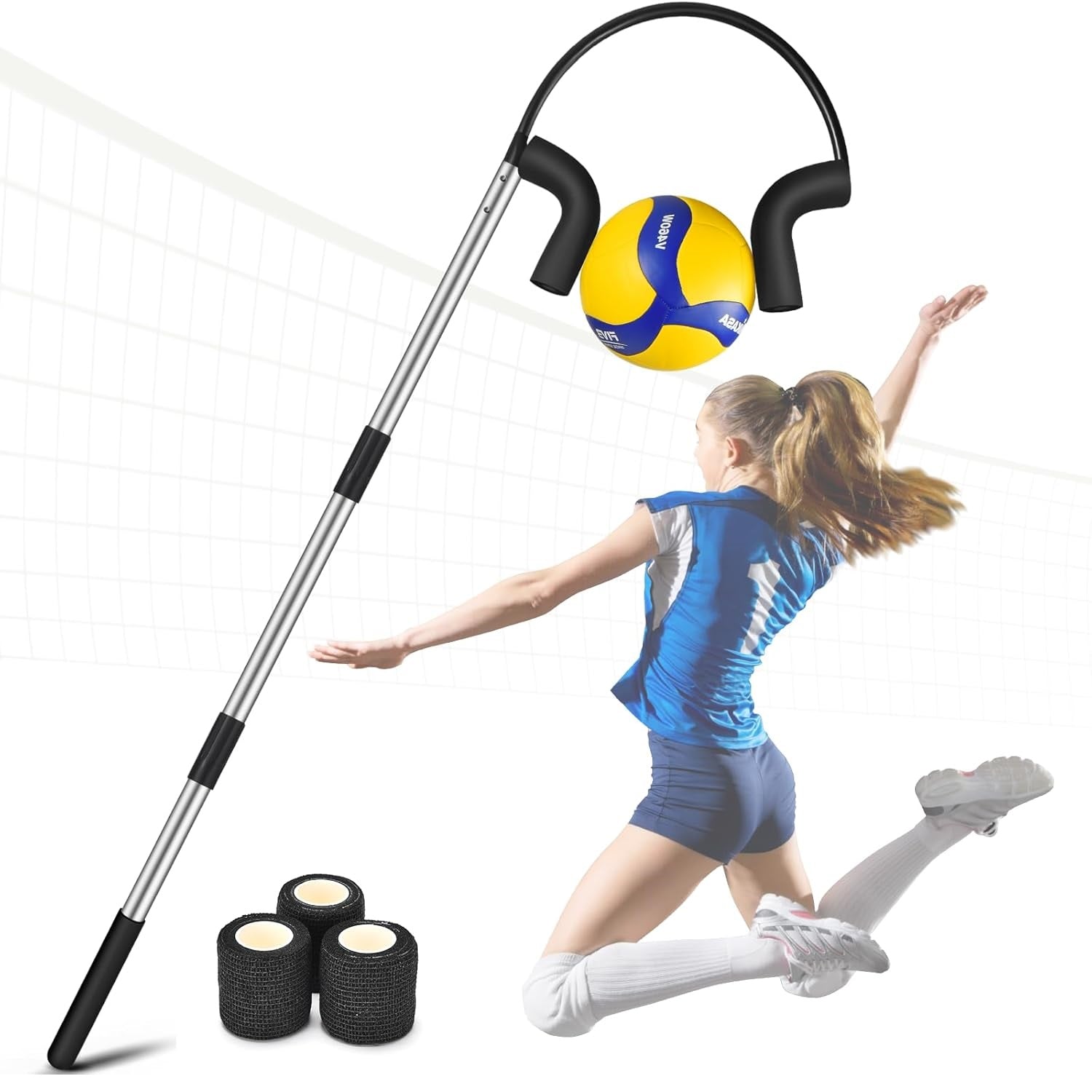 Volleyball Spike Trainer, Adjustable 40"-71.6" Volleyball Hitting Trainer, Double Arc Protection Quick Pickup Volleyball Spike Aids with 3 Replacement Bandages, Black