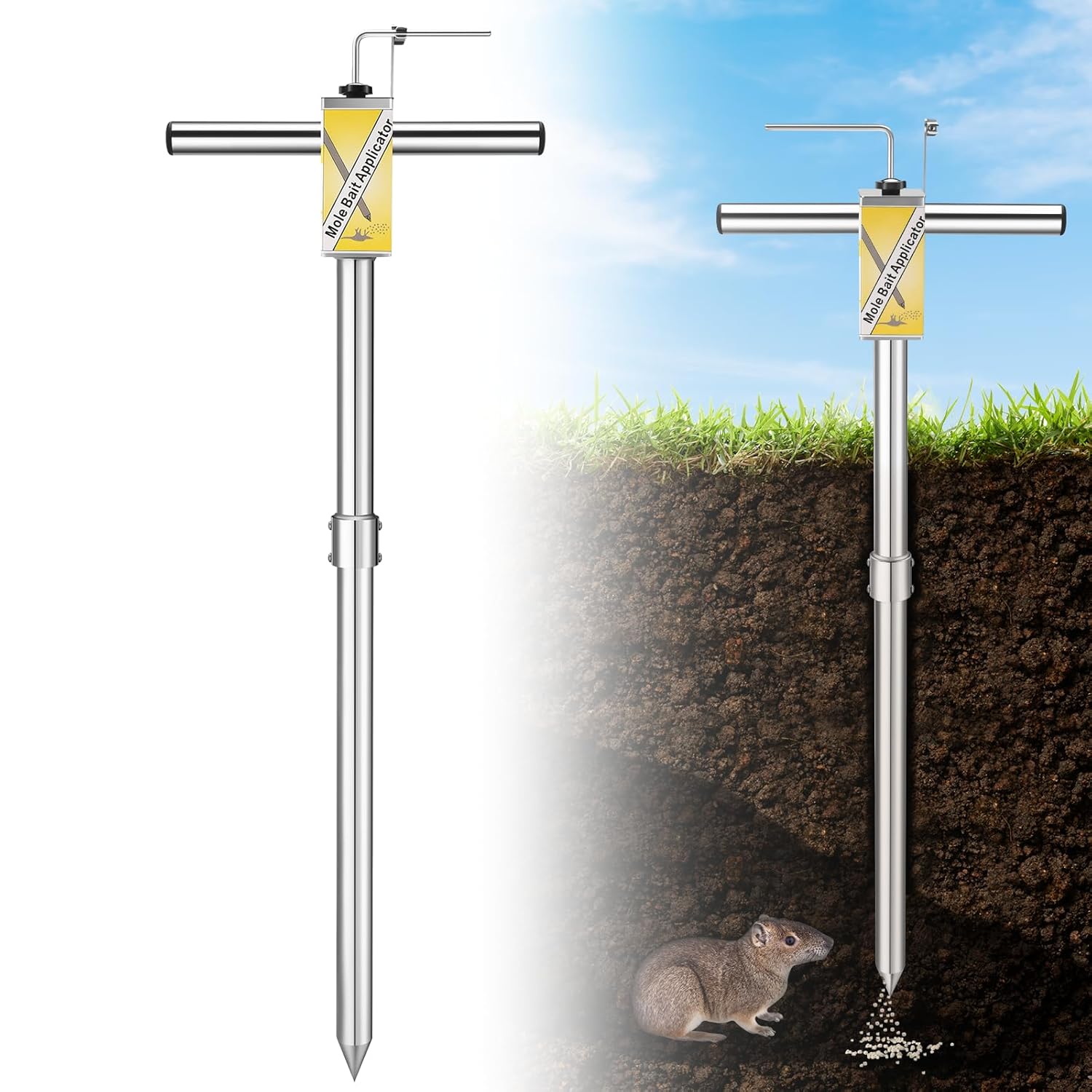 Gopher & Mole Bait Applicator, Stainless Steel Gopher/Mole/Vole Killer, Durable and Removable Gardening Pest Control Tool for Yard, Upgraded Non-Clogging Bait Outlet(Not Include Bait)