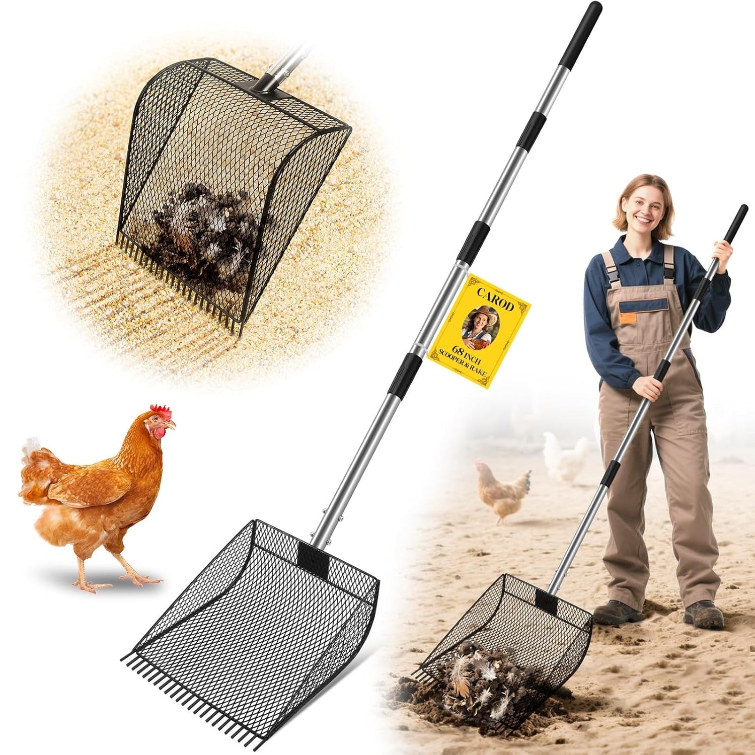 Extra Large Chicken Poop Scooper & Rake, Metal Coop Scoop for Chicken with 24 to 68" Adjustable Stainless Steel Handle, Litter Poop Scooper for Sand & Sifting Shovel for Chicken Coops/Animals House