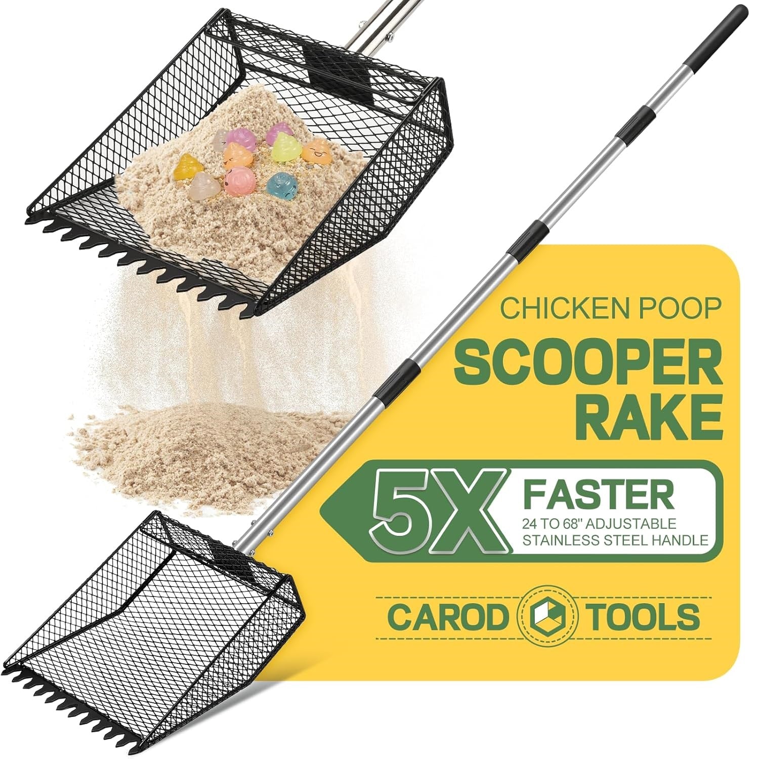 Updated Chicken Poop Scooper and Rake, 2-in-1 Chicken Coop Scoop Sand Rake, Stainless Steel Handle (43–73"), Litter Scooper & Sand Sifting Shovel, Good for Chicken Coops & Farm Animals Scoop