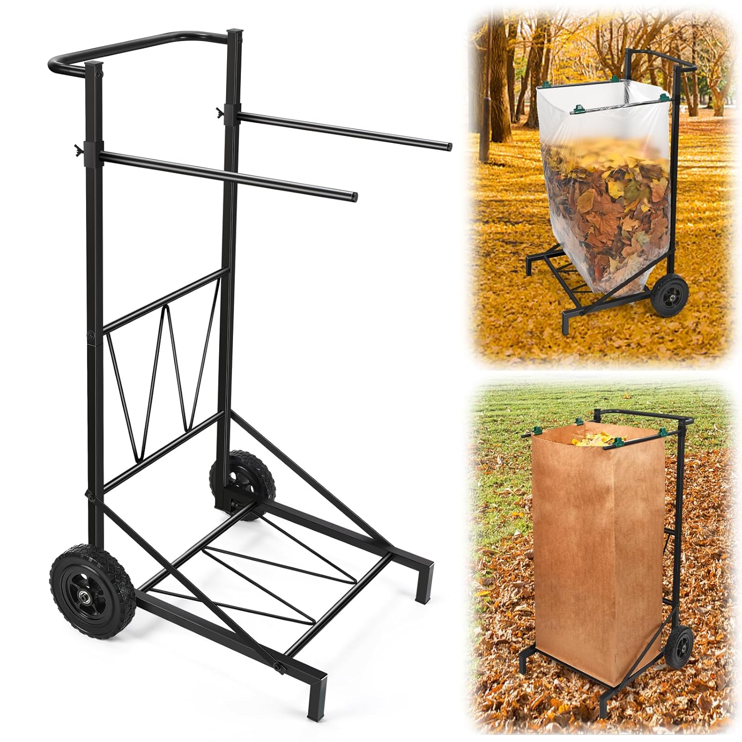 Trash Bag Holder Cart, Adjustable Metal Leaf Bag Holder from 30-45 Gallon Capacity, Mobile Garbage Bag Holder, Outdoor Garden Leaf Bag Stand for Yard & Lawn Cleanup, Gardening, Camping, Parties