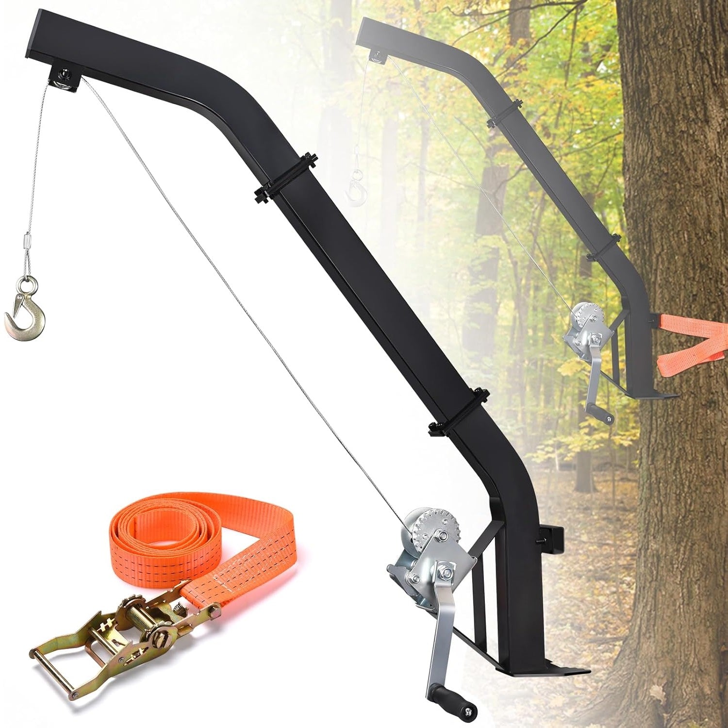 Tree Mounted Deer Hoist Stand for Hunting, 500LBS Capacity Deer Stand with Manual Winch, 23FT Steel Cable Heavy Duty Deer Hanger for Skinning, Field Dressing, Included Ratchet Strap Lock On Tree Stand