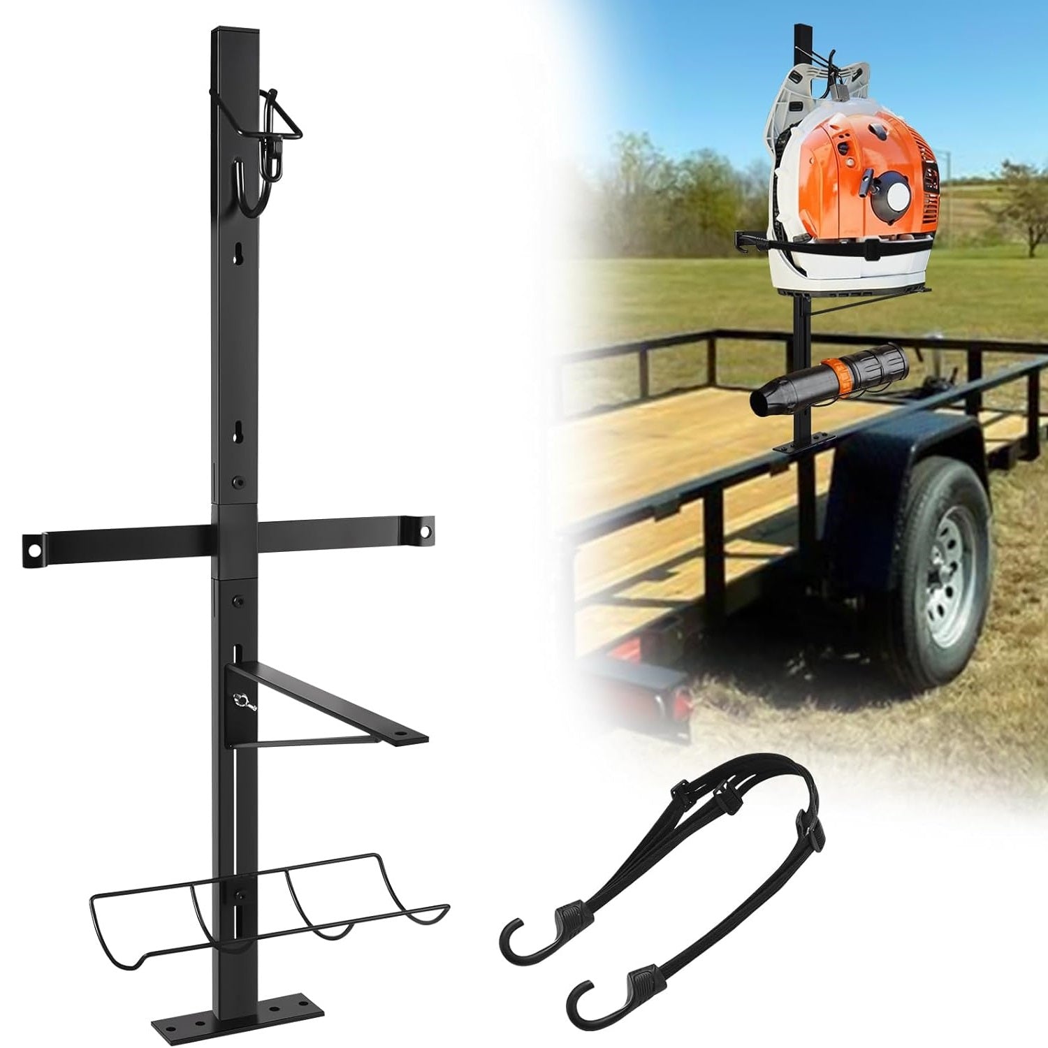 Backpack Blower Rack for Trailer, Steel Leaf Backpack Blower Holder for Open and Enclosed Lawn Landscape Trailer Truck, Height Adjustable Holding Base Fit 16"-25" Blowers