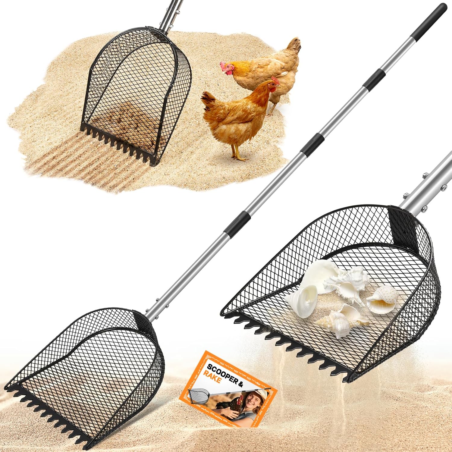 Metal Chicken Poop Scooper and Rake 2-in-1, Chicken Coop Scoop for Poop Sand with Stainless Steel Handle (43-73" Adjustable), Sifter Shovel Chicken Coop Sand Rake for Chicken Coops & Farm Animals