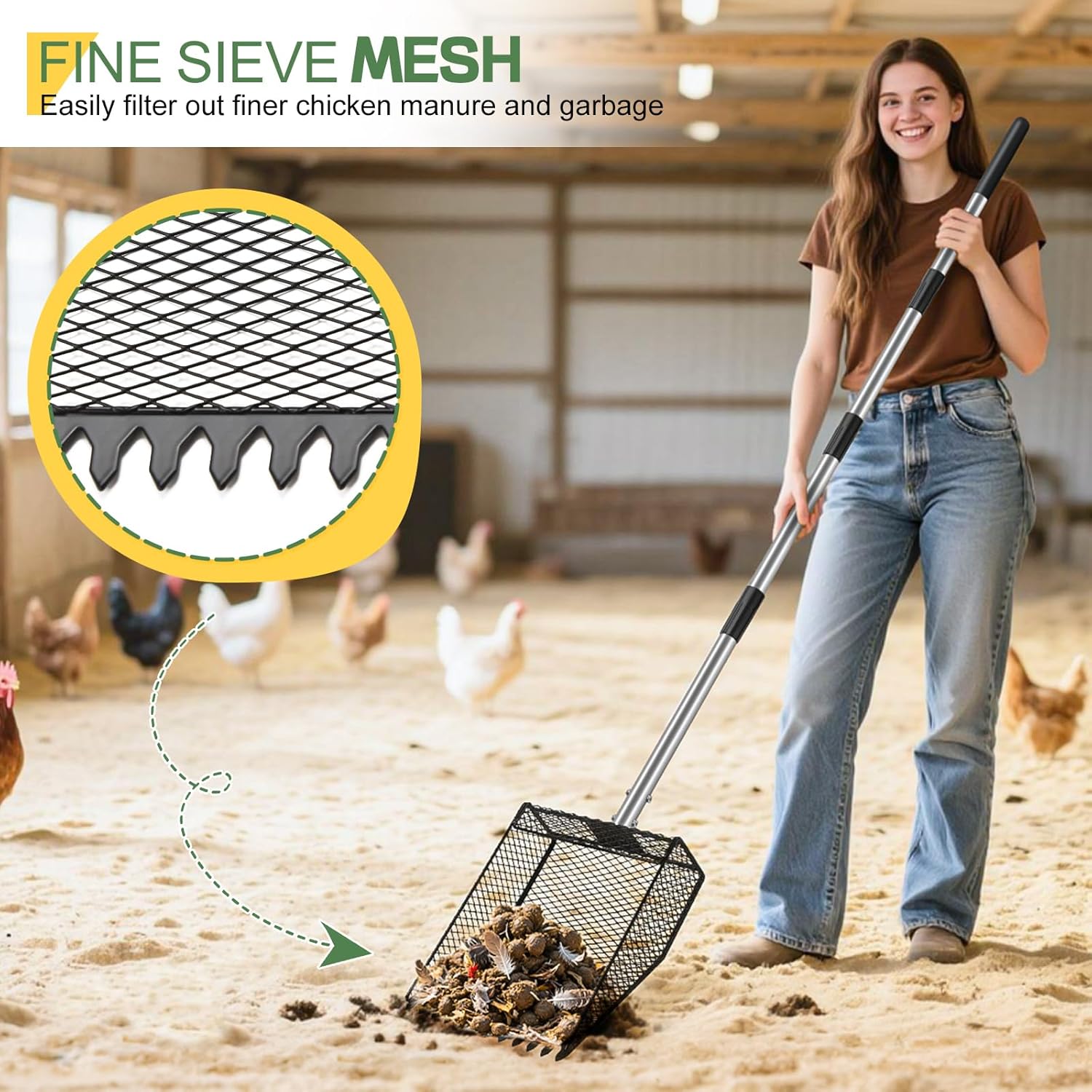 Updated Chicken Poop Scooper and Rake, 2-in-1 Chicken Coop Scoop Sand Rake, Stainless Steel Handle (43–73"), Litter Scooper & Sand Sifting Shovel, Good for Chicken Coops & Farm Animals Scoop