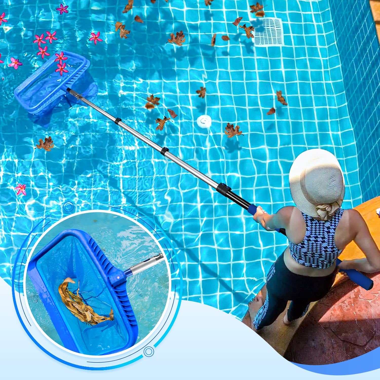 GADFISH Pool Pole Telescopic, 16FT Reach Aluminium Telescoping Pole with 4 Baffle Locks, Universal Extension Pole for Skimmer Nets, Rakes, Brushes and Vacuum Heads -Swimming Pool Cleaning Tools