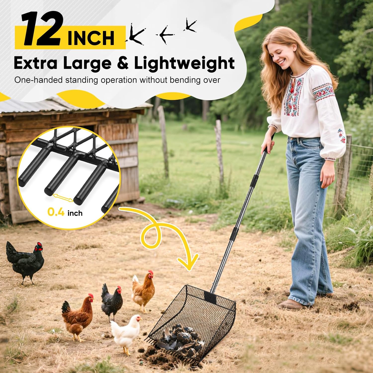 Extra Large Chicken Poop Scooper & Rake, Metal Coop Scoop for Chicken with 24 to 68" Adjustable Stainless Steel Handle, Litter Poop Scooper for Sand & Sifting Shovel for Chicken Coops/Animals House