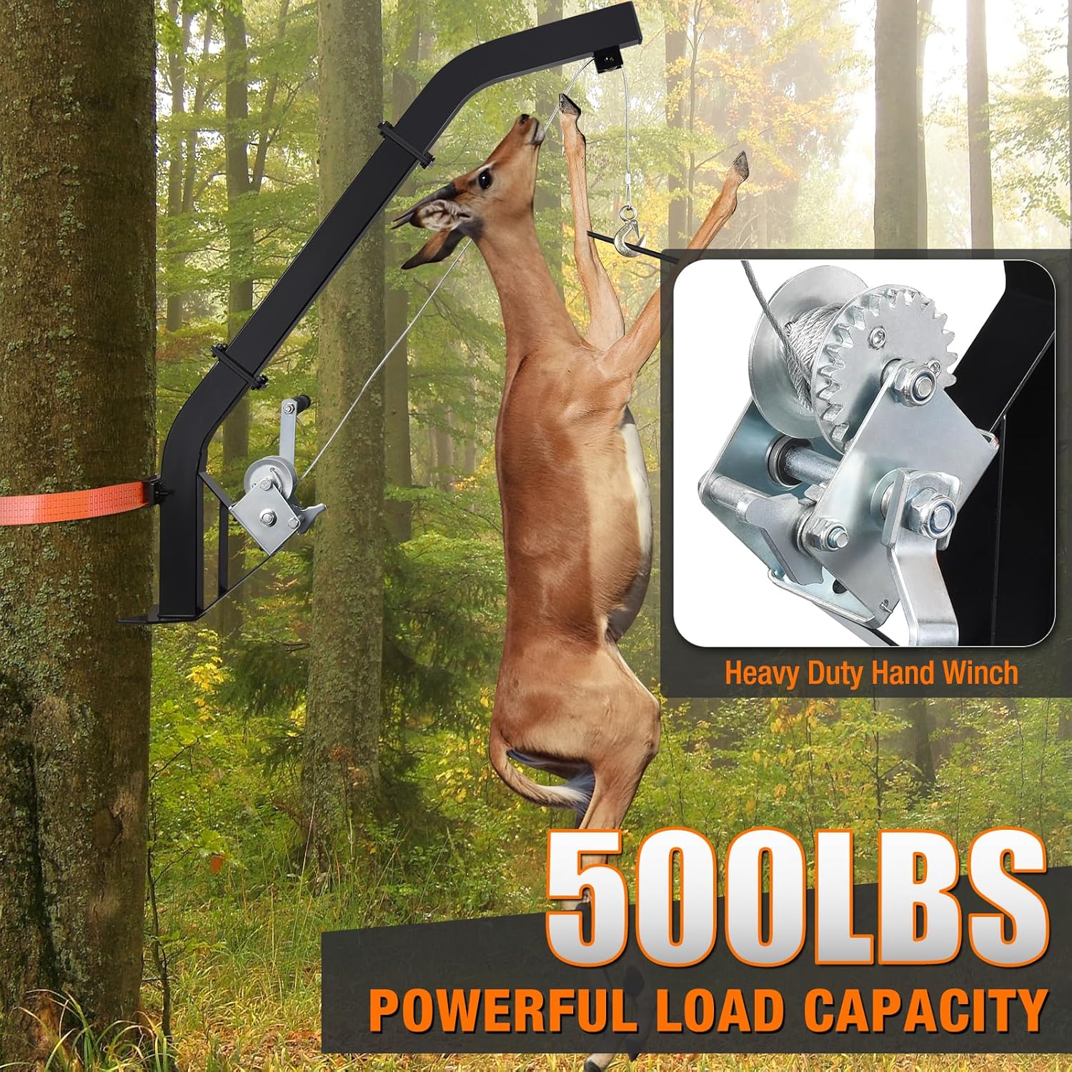 Tree Mounted Deer Hoist Stand for Hunting, 500LBS Capacity Deer Stand with Manual Winch, 23FT Steel Cable Heavy Duty Deer Hanger for Skinning, Field Dressing, Included Ratchet Strap Lock On Tree Stand