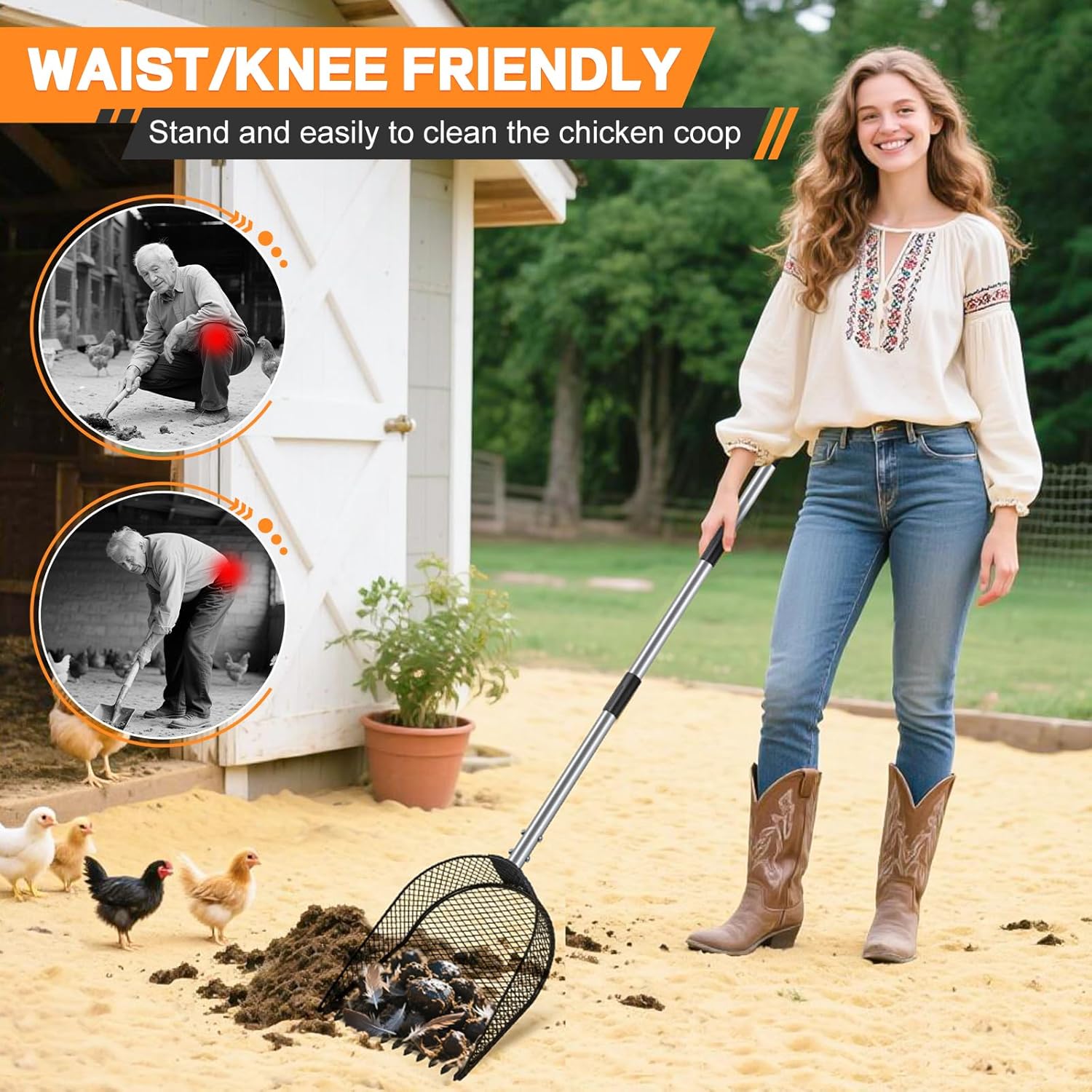 Metal Chicken Poop Scooper and Rake 2-in-1, Chicken Coop Scoop for Poop Sand with Stainless Steel Handle (43-73" Adjustable), Sifter Shovel Chicken Coop Sand Rake for Chicken Coops & Farm Animals